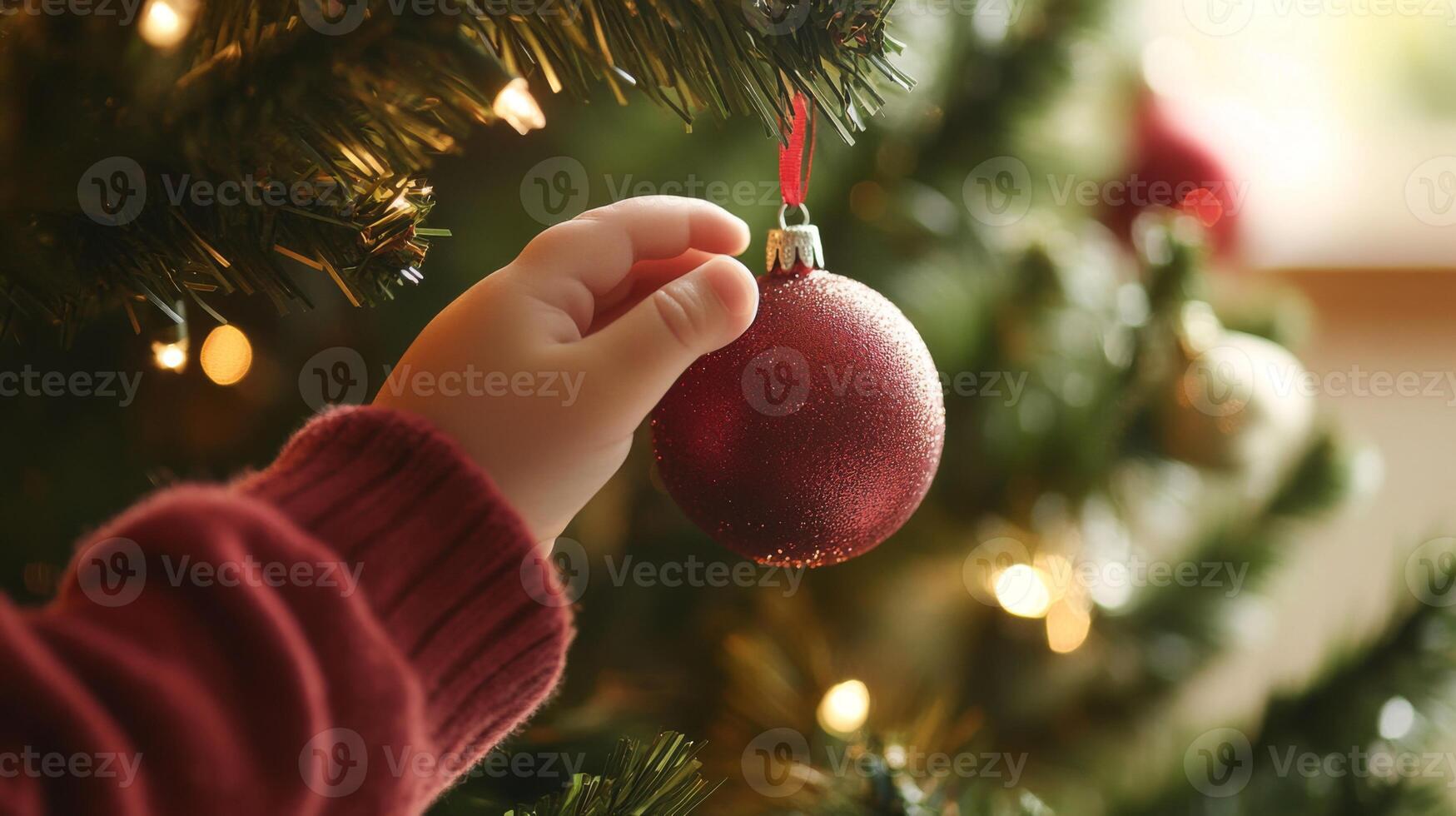 Child's Hand Holding a Red Christmas Ornament on a Tree photo