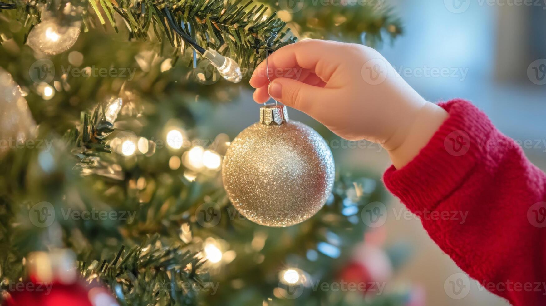 A Child's Hand Hanging a Gold Christmas Ornament on a Tree photo