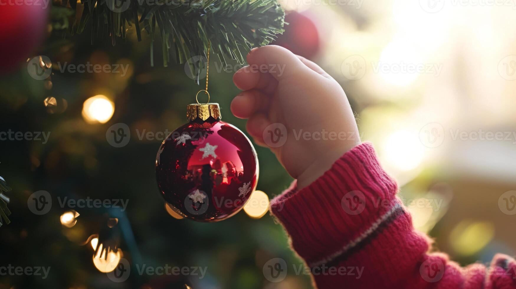 A Child's Hand Holding a Red Christmas Ornament on a Christmas Tree photo