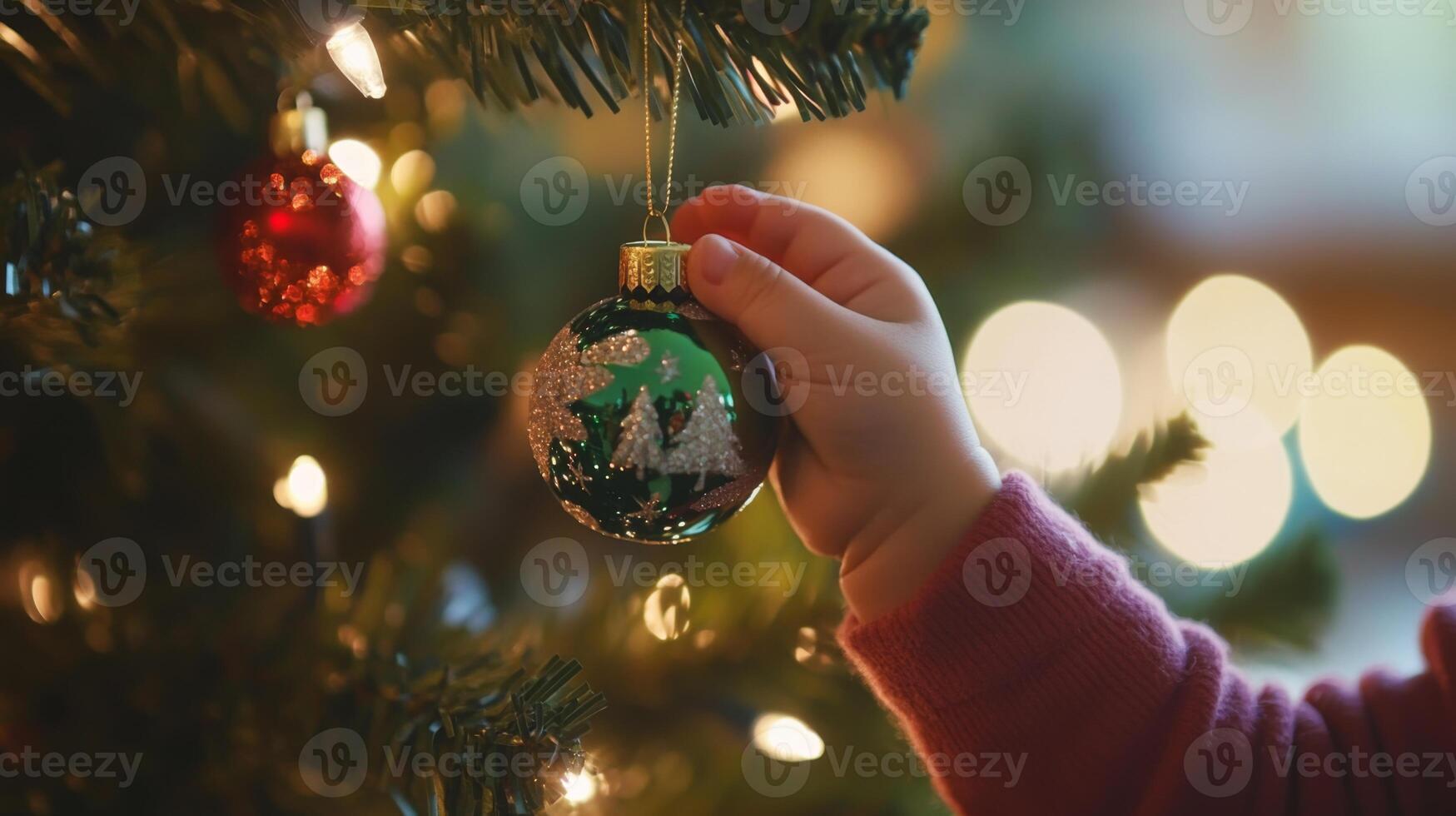 Child's Hand Holding a Green Christmas Ornament with a Glittery Finish photo