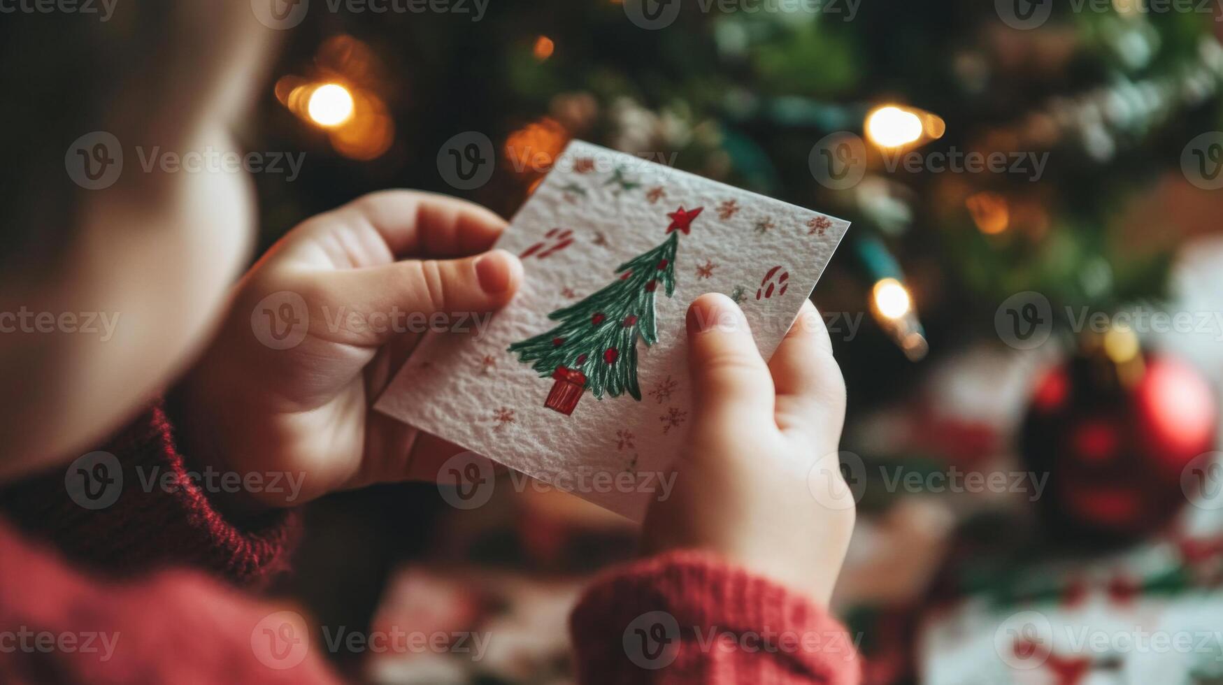 Child Holding a Hand-Drawn Christmas Card with a Decorated Tree photo