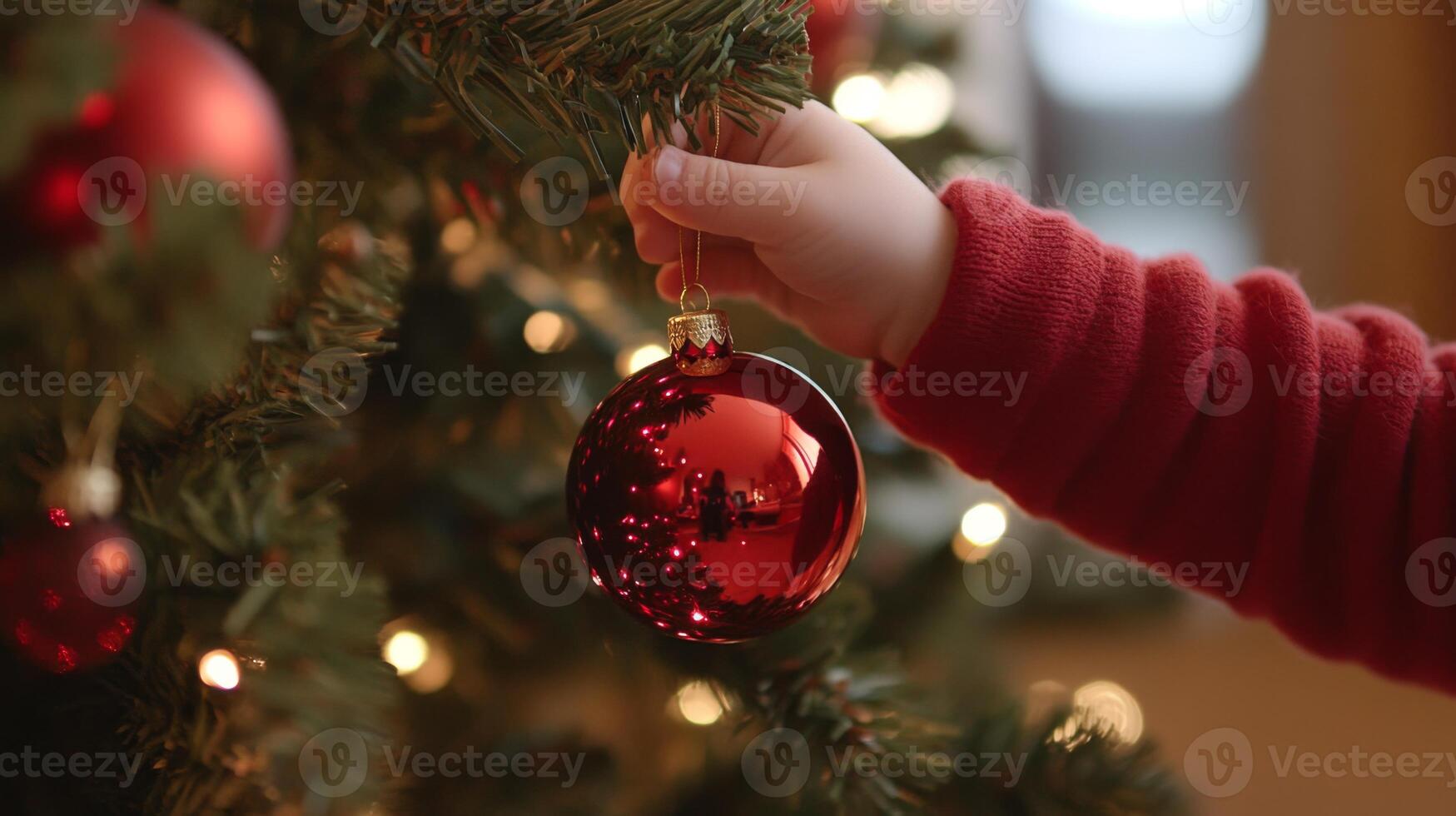 A Child's Hand Placing a Red Ornament on a Christmas Tree photo