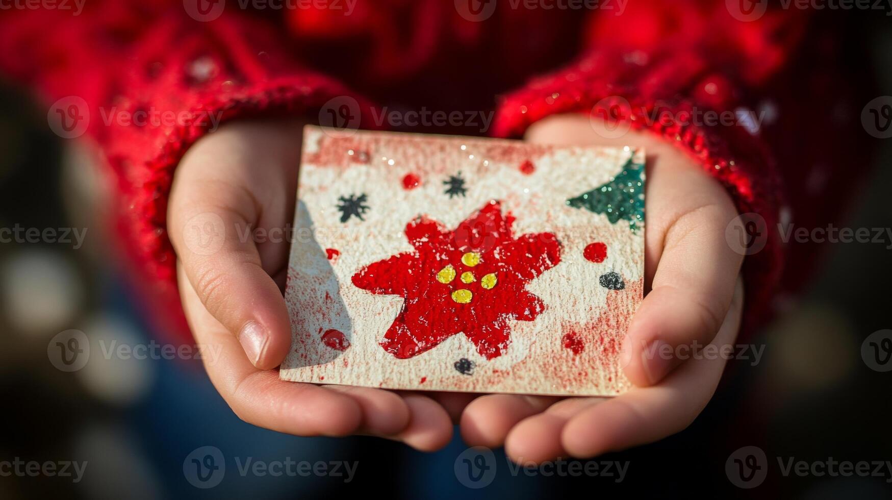 Child's Hands Holding a Handmade Christmas Card with a Red Flower and Glitter photo