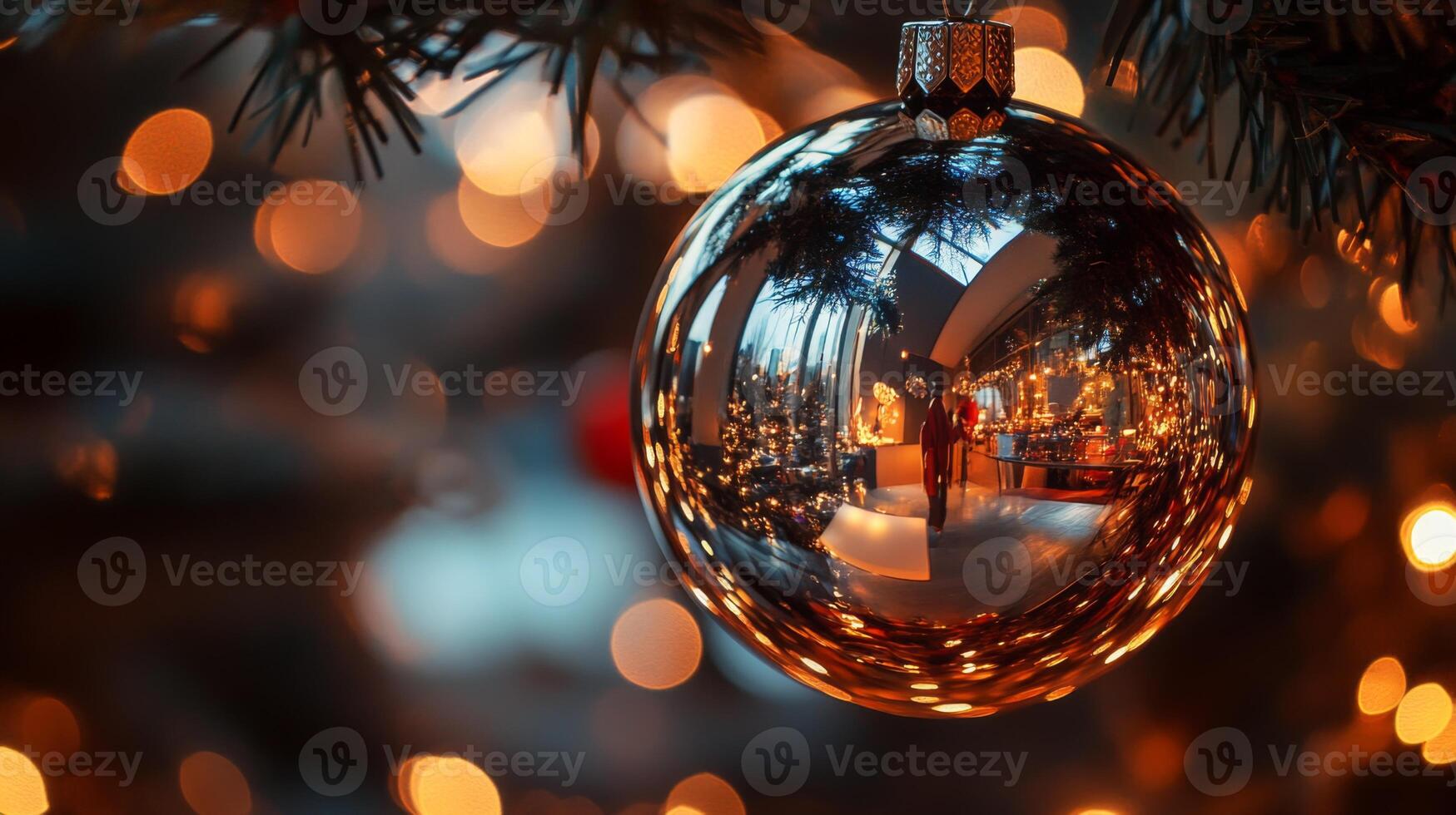 A Christmas Ornament Reflects a Decorated Room photo