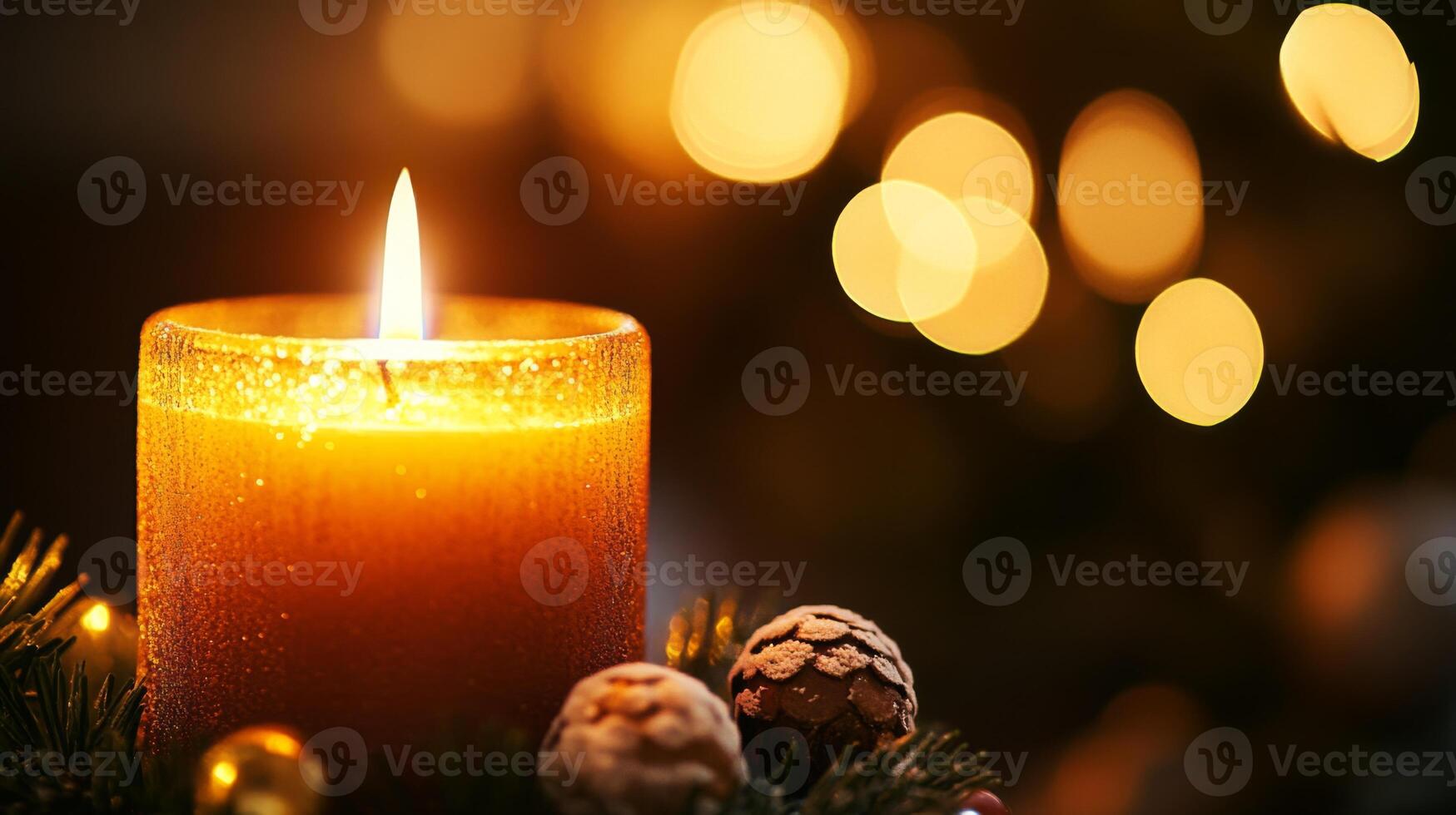 A burning candle with pine needles and pine cones. photo