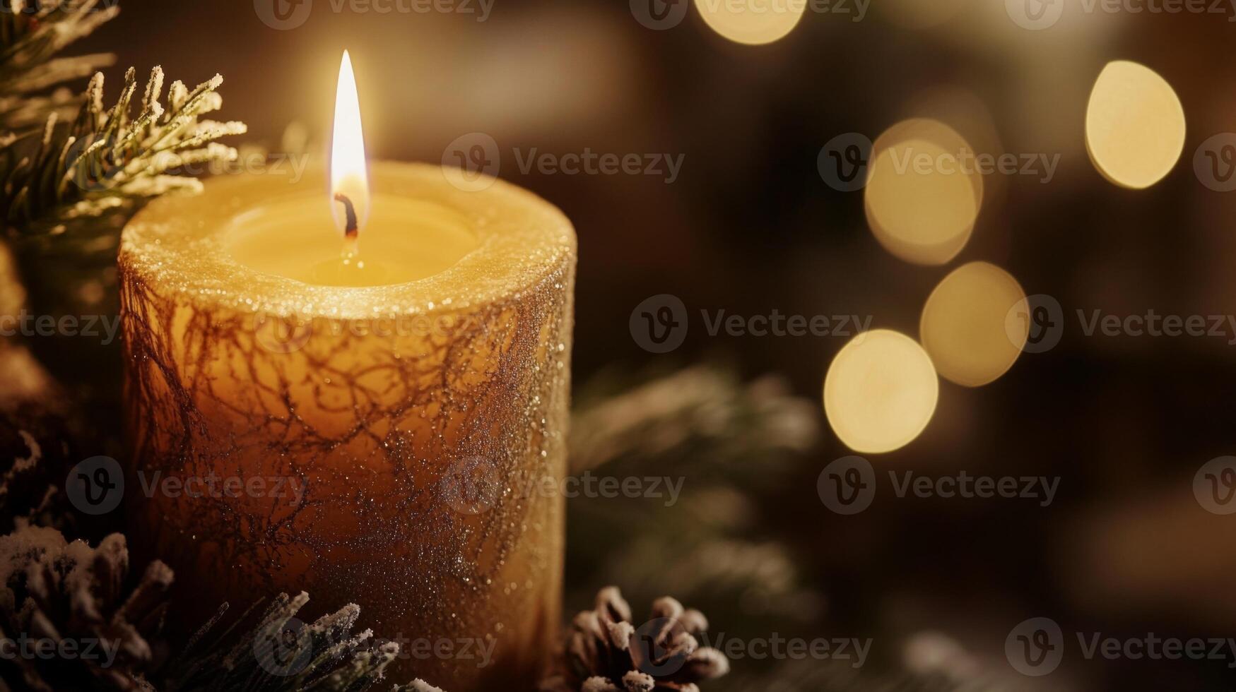 A Single Lit Candle with Snowy Pine Branches and Bokeh Lights photo