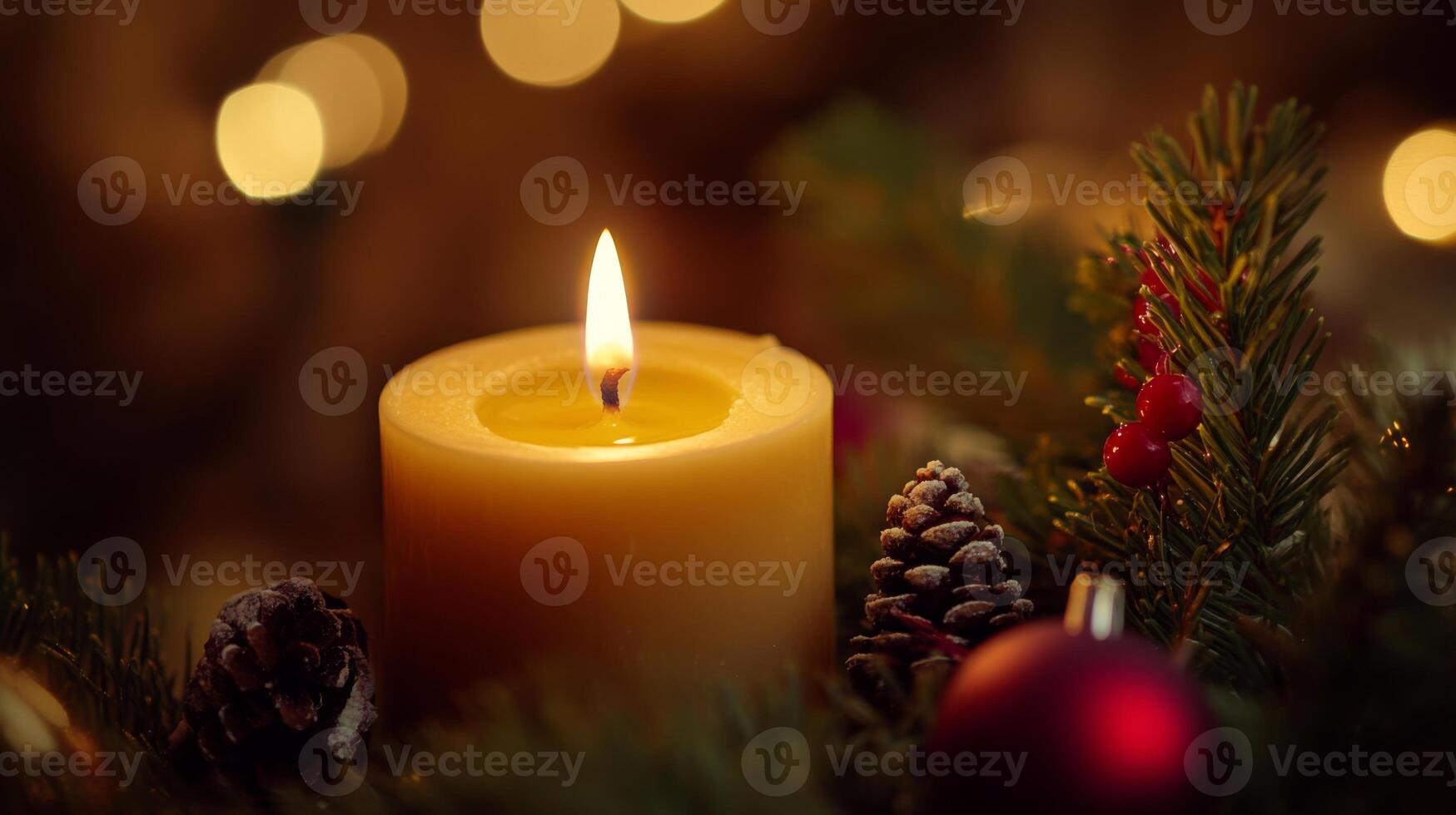 A Lit Candle Surrounded by Pine Branches and Christmas Ornaments photo