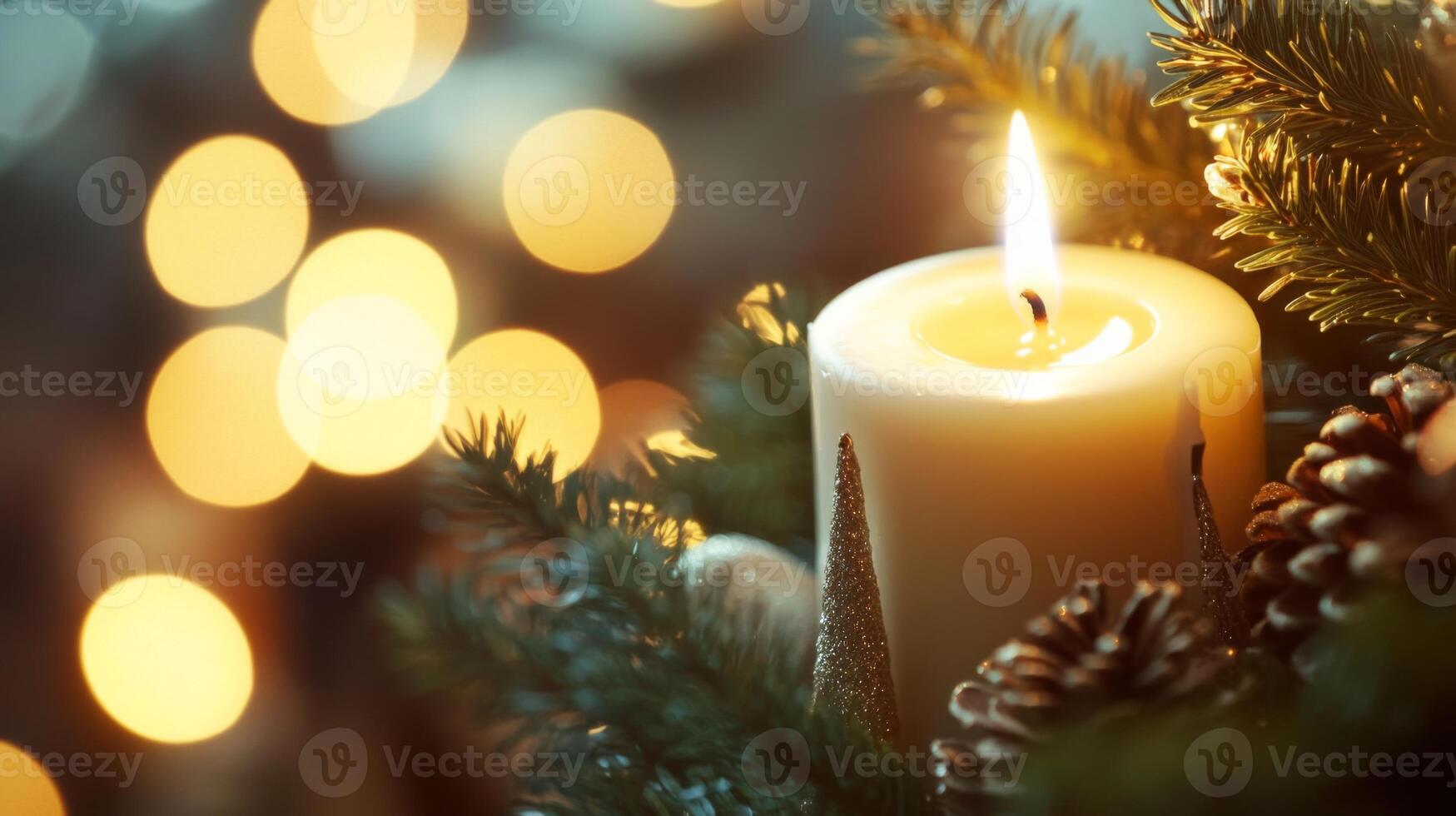 Lit Candle Surrounded by Pine Branches and Pinecones photo