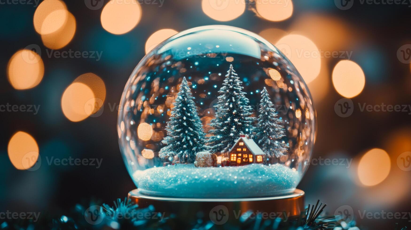 Illuminated Christmas Village Scene Inside a Snow Globe photo