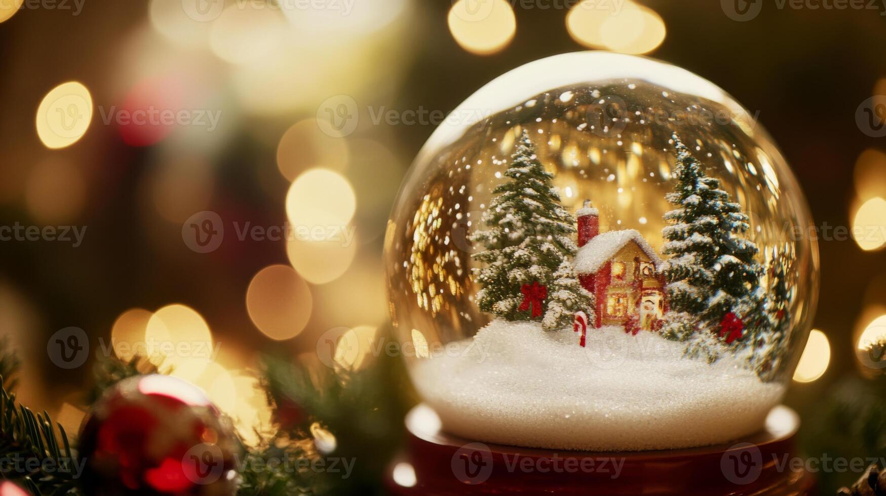A Snow Globe with a Small House and Pine Trees photo