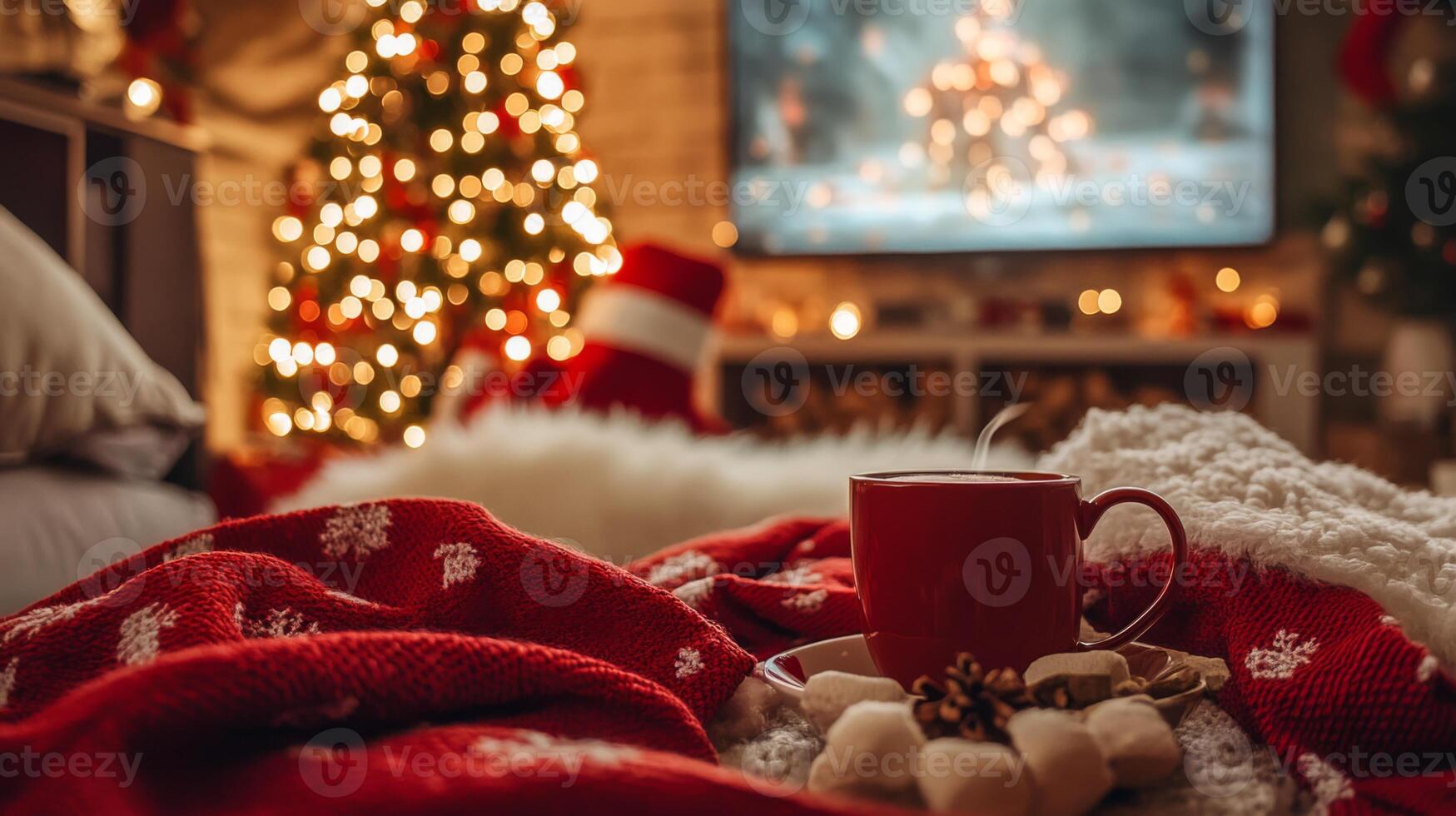 Cozy Christmas Evening with a Cup of Hot Drink and Marshmallows photo