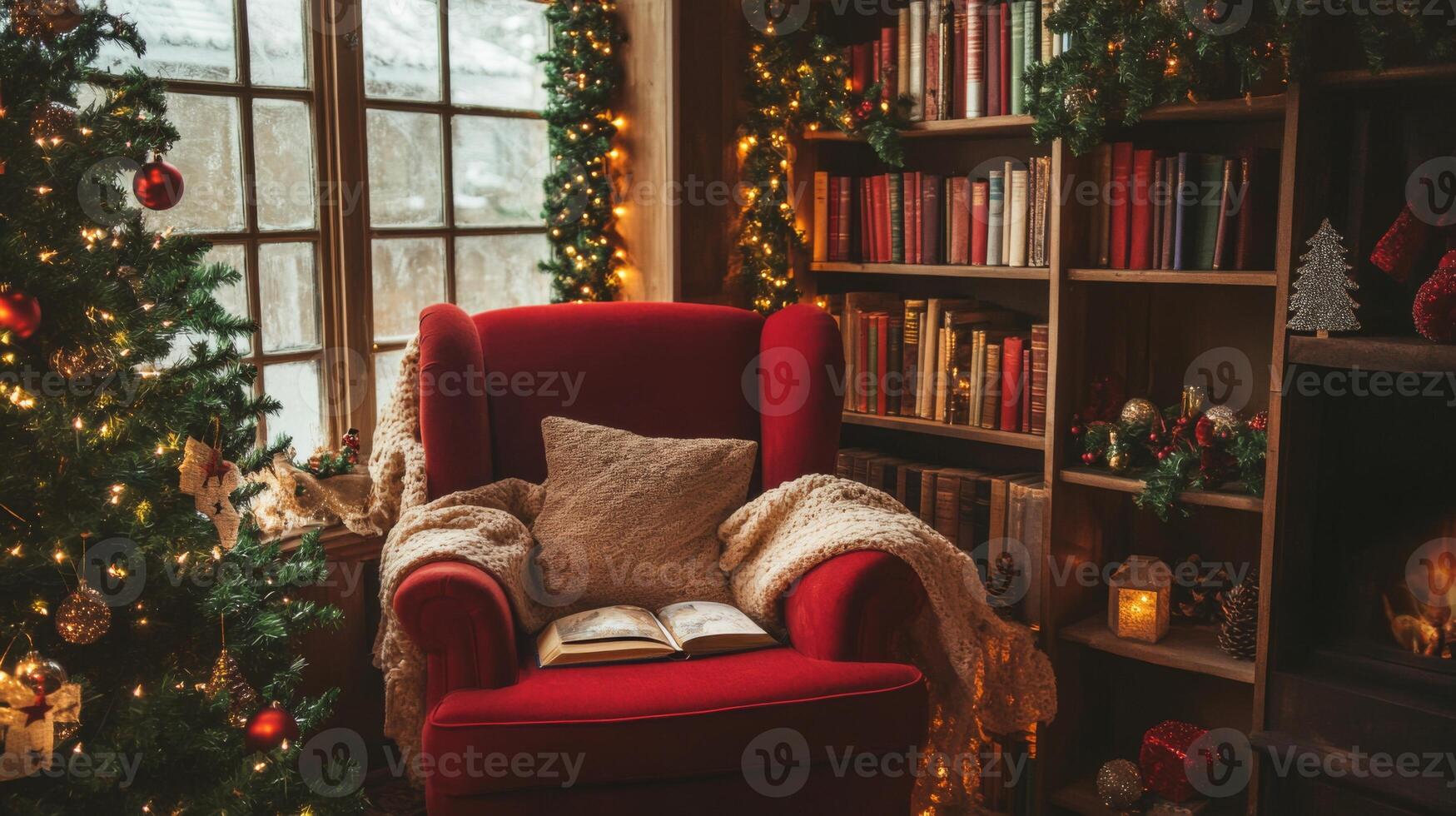 Cozy Christmas Reading Nook with Red Armchair and Book photo