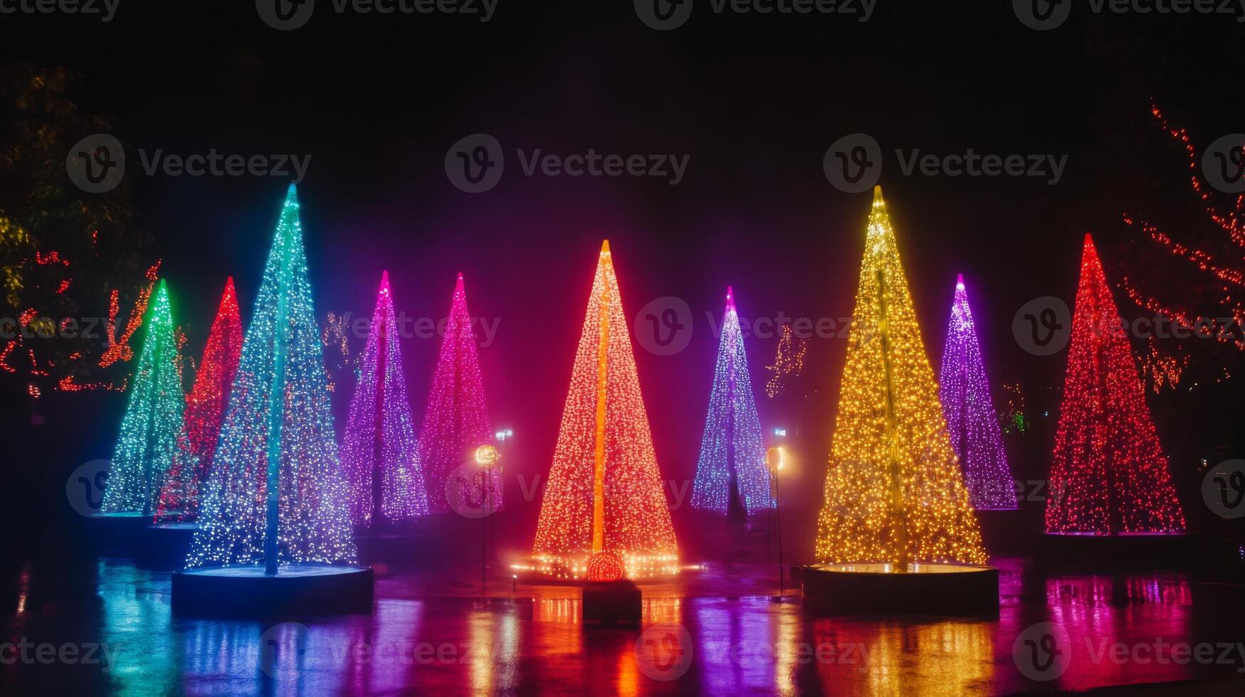 Colorful Illuminated Christmas Trees Reflecting in Water at Night photo