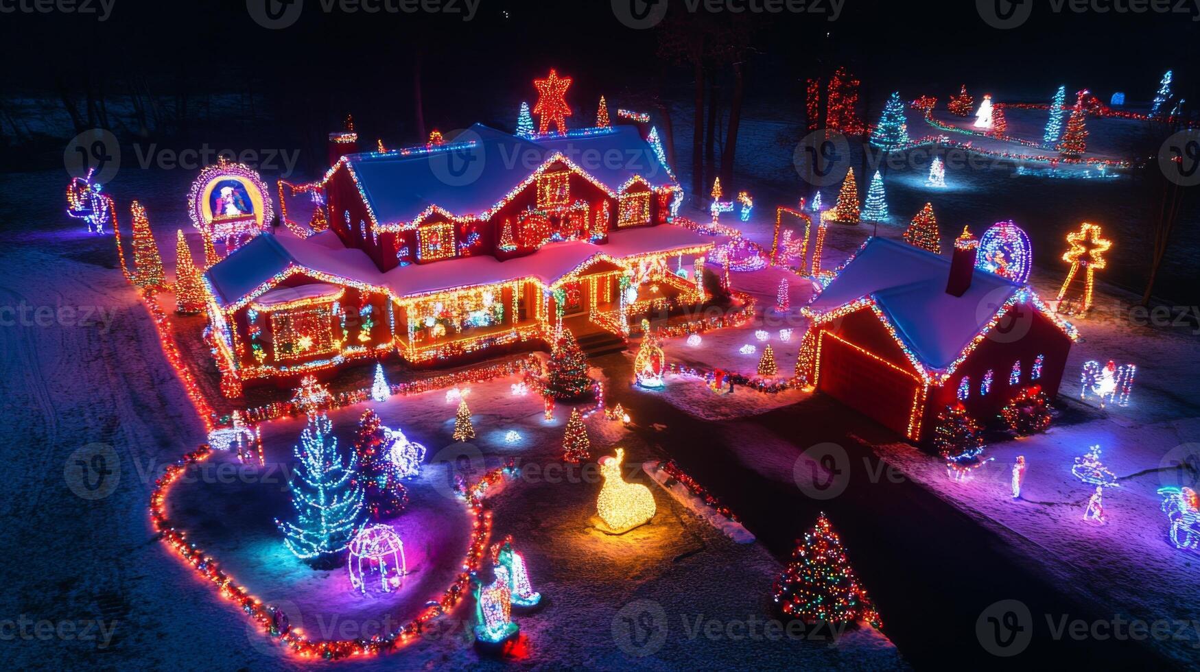 A winter home lavishly decorated with Christmas lights photo