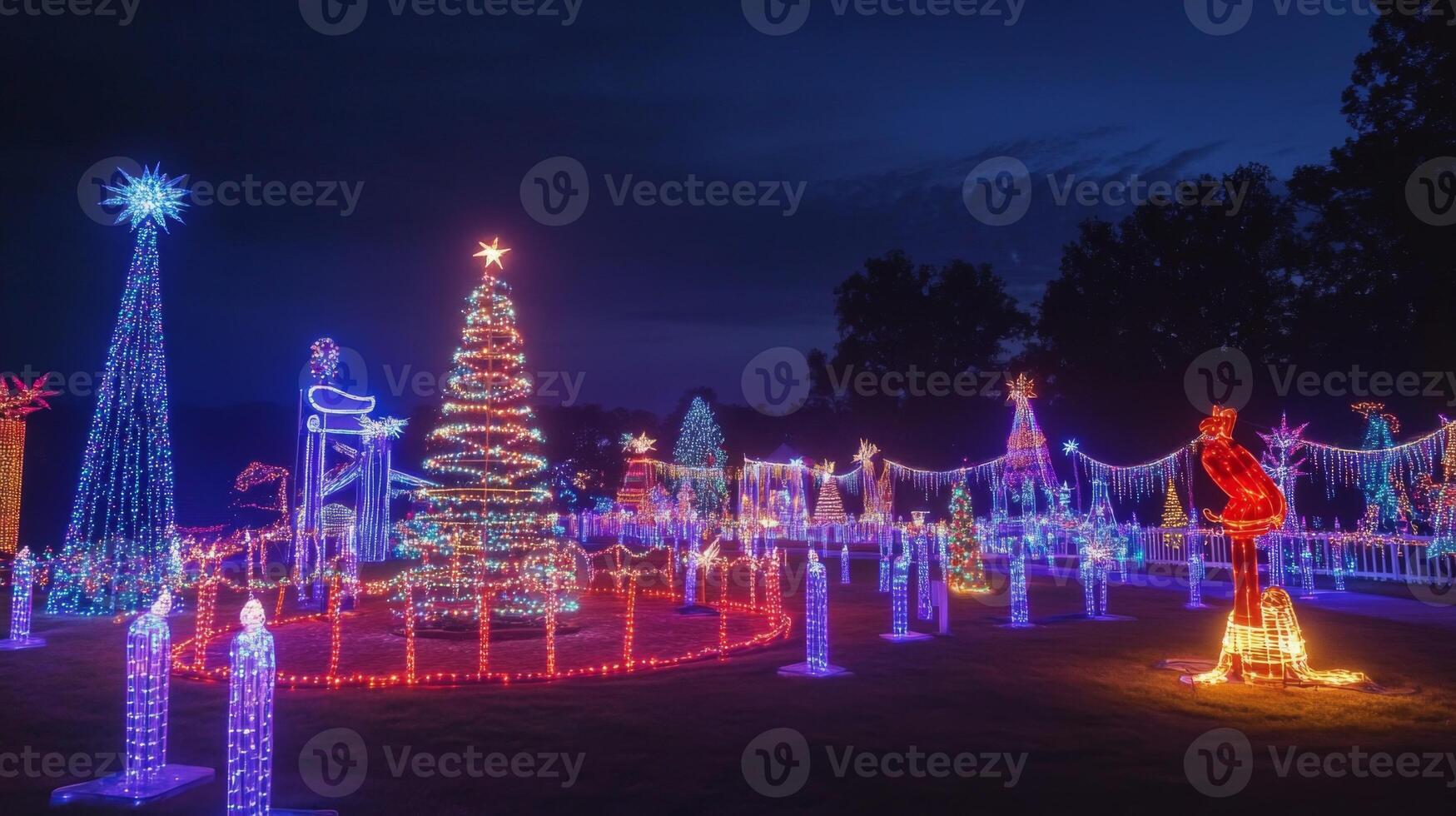 Illuminated Rainbow-Colored Christmas Trees with Star Toppers photo