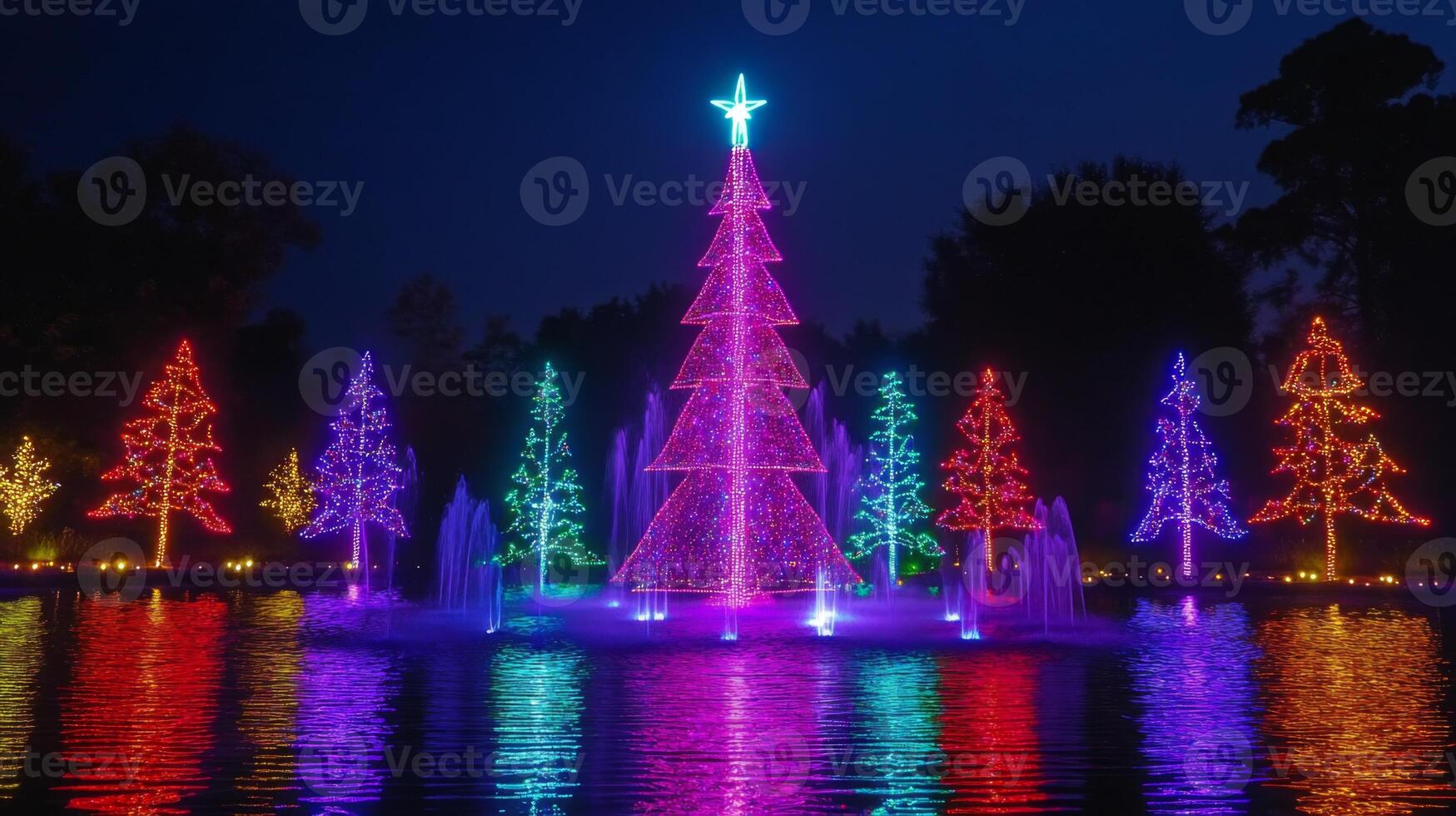Illuminated Christmas Trees Reflecting in a Pond at Night photo