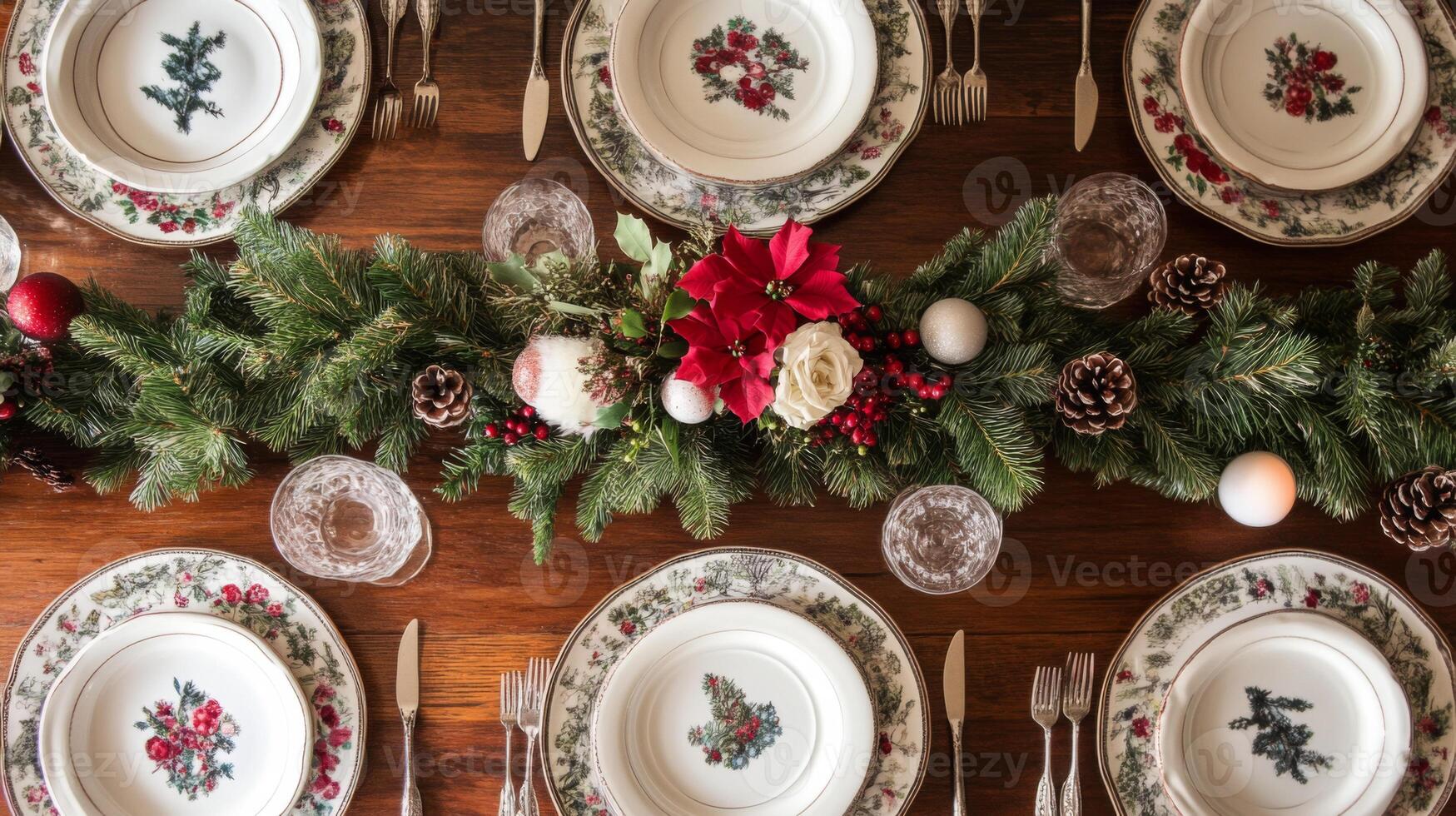 Festive Christmas Table Setting with White Plates, Green Garland, and Red Accents photo