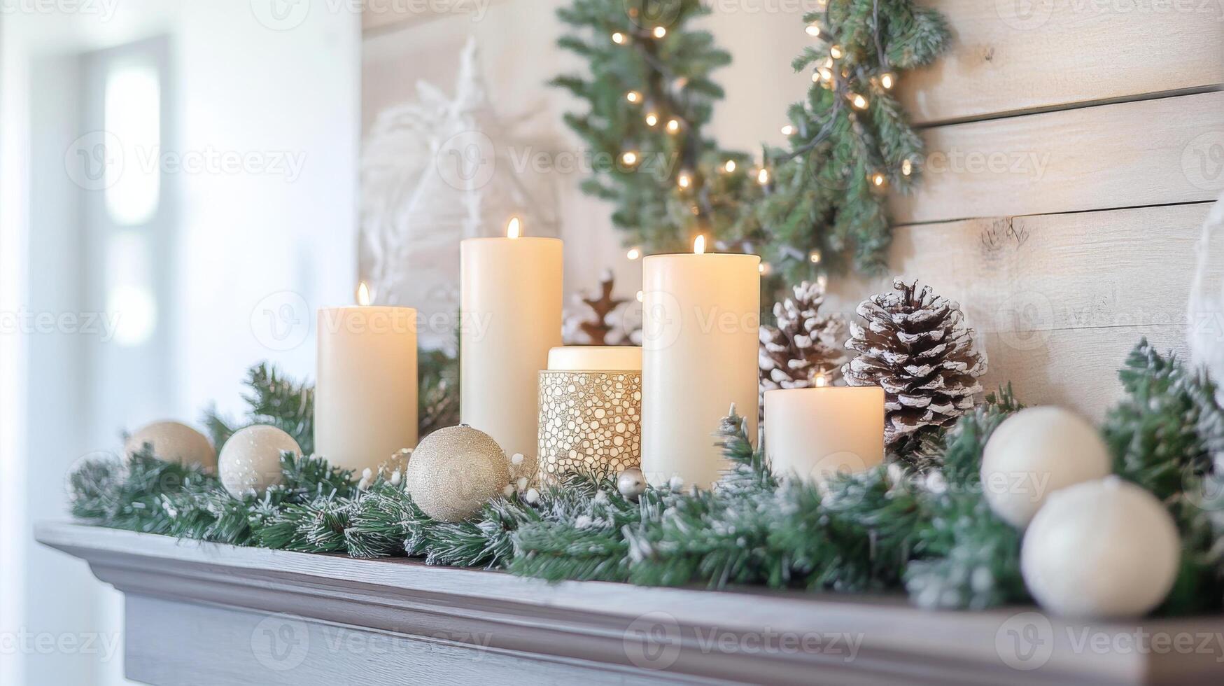 Candles, Ornaments, and Greenery on a Fireplace Mantel photo