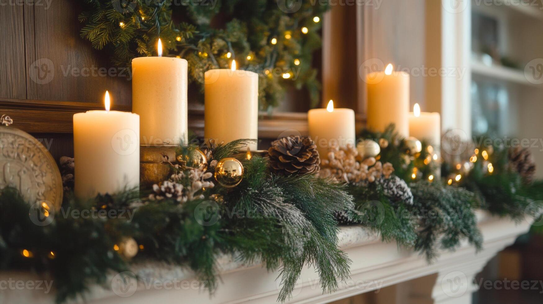 Lit Candles Decorated with Pine Branches and Ornaments on a Fireplace Mantle photo