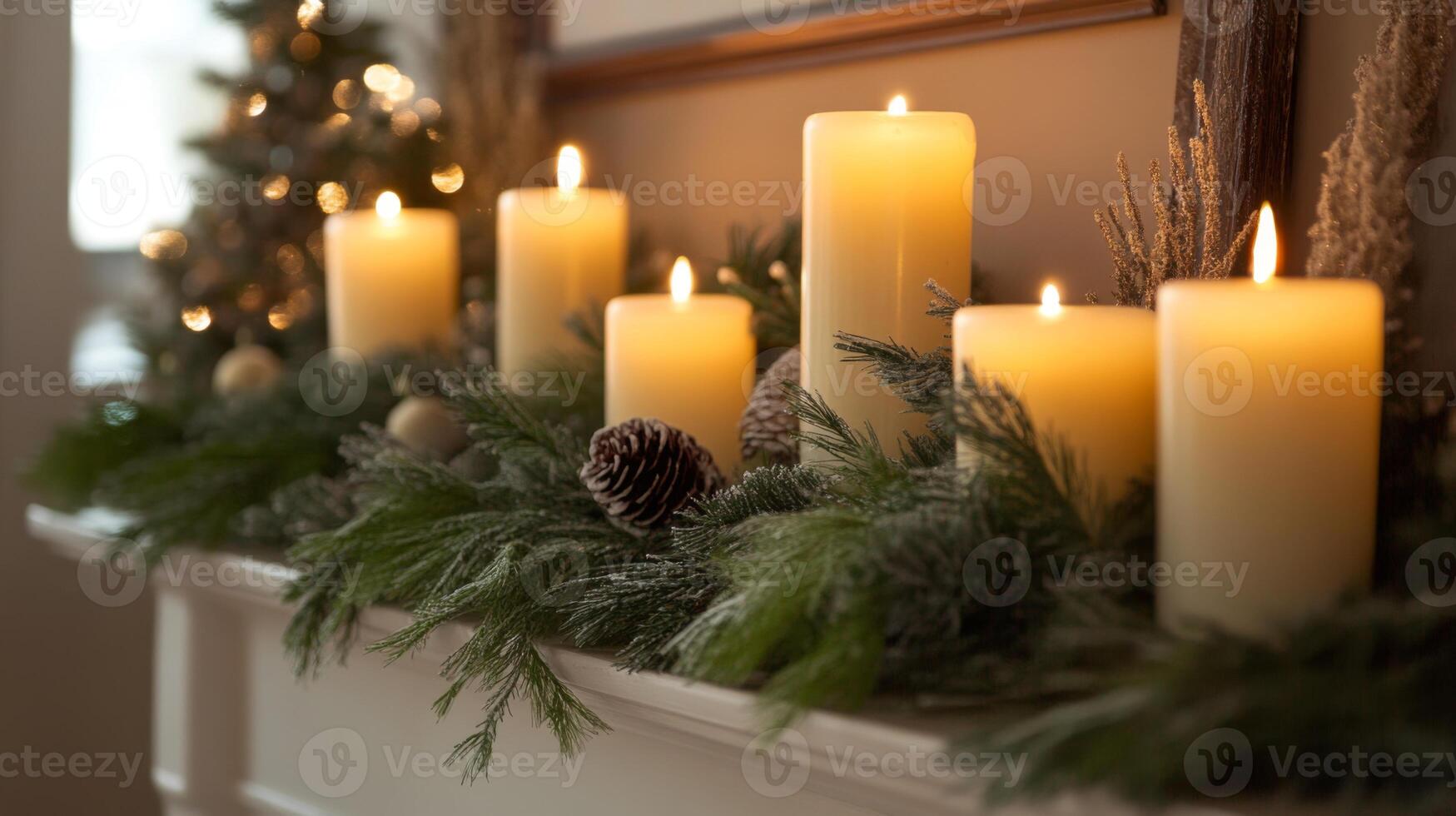 Burning Candles Adorned with Evergreen Branches and Pine Cones photo