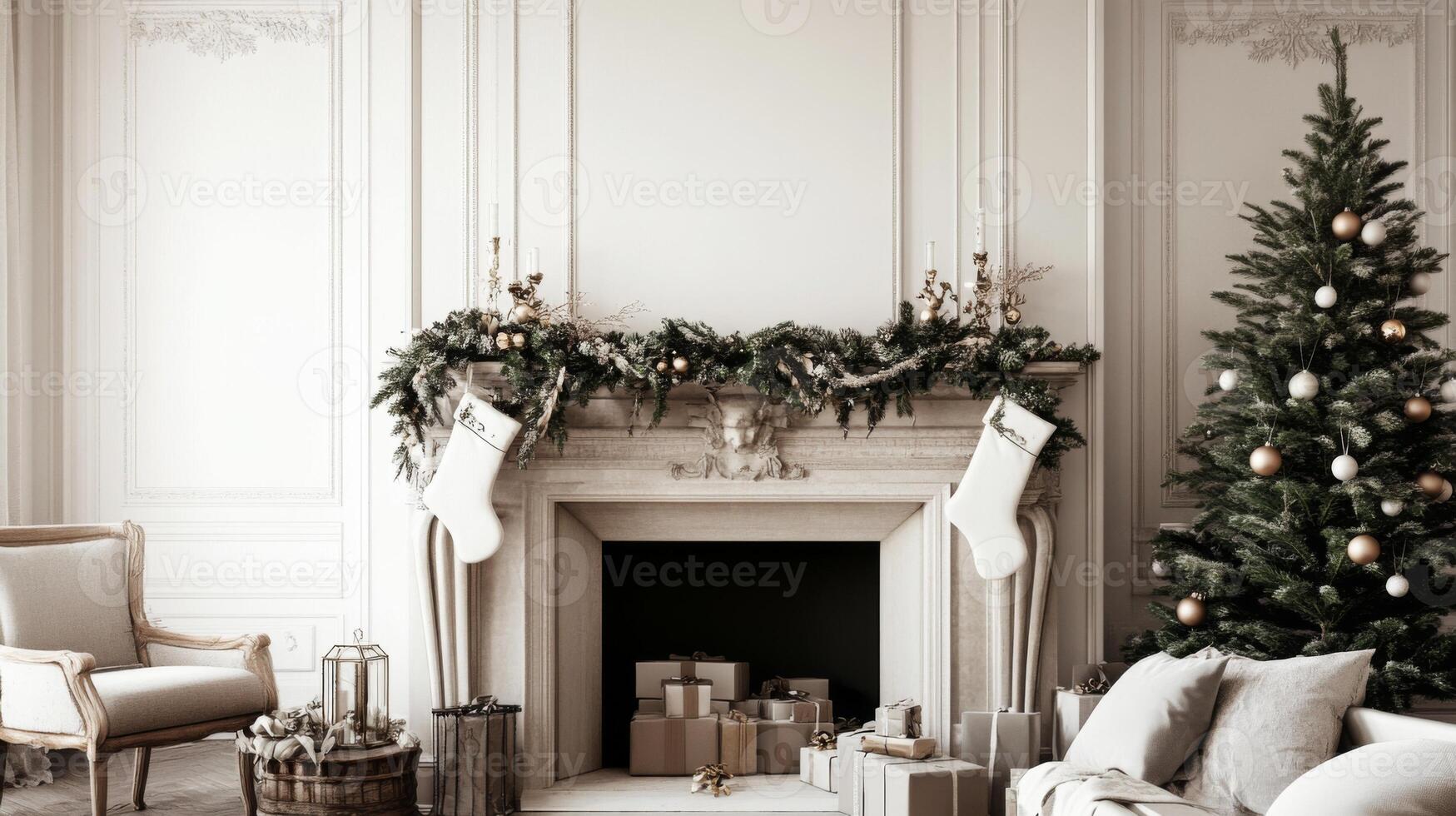 Classic Christmas Fireplace Decor with White Stocking, Garland, and Gifts photo
