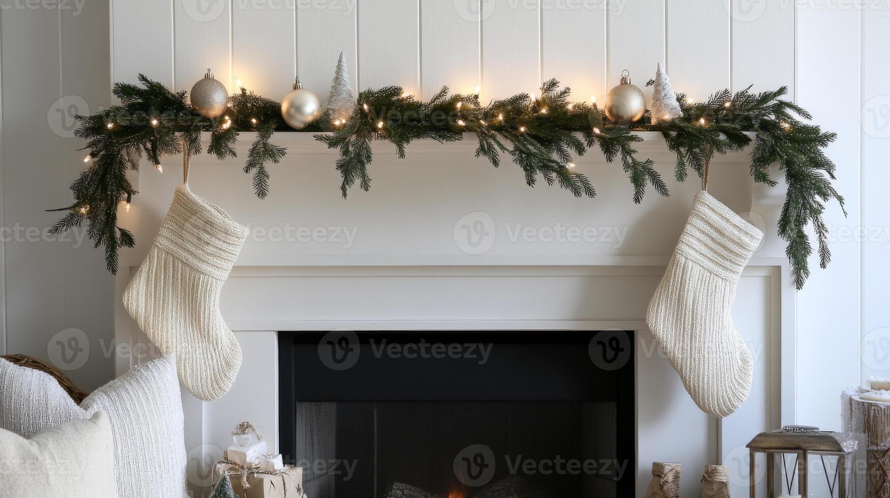 White Christmas Stocking Decorated Fireplace Mantle photo