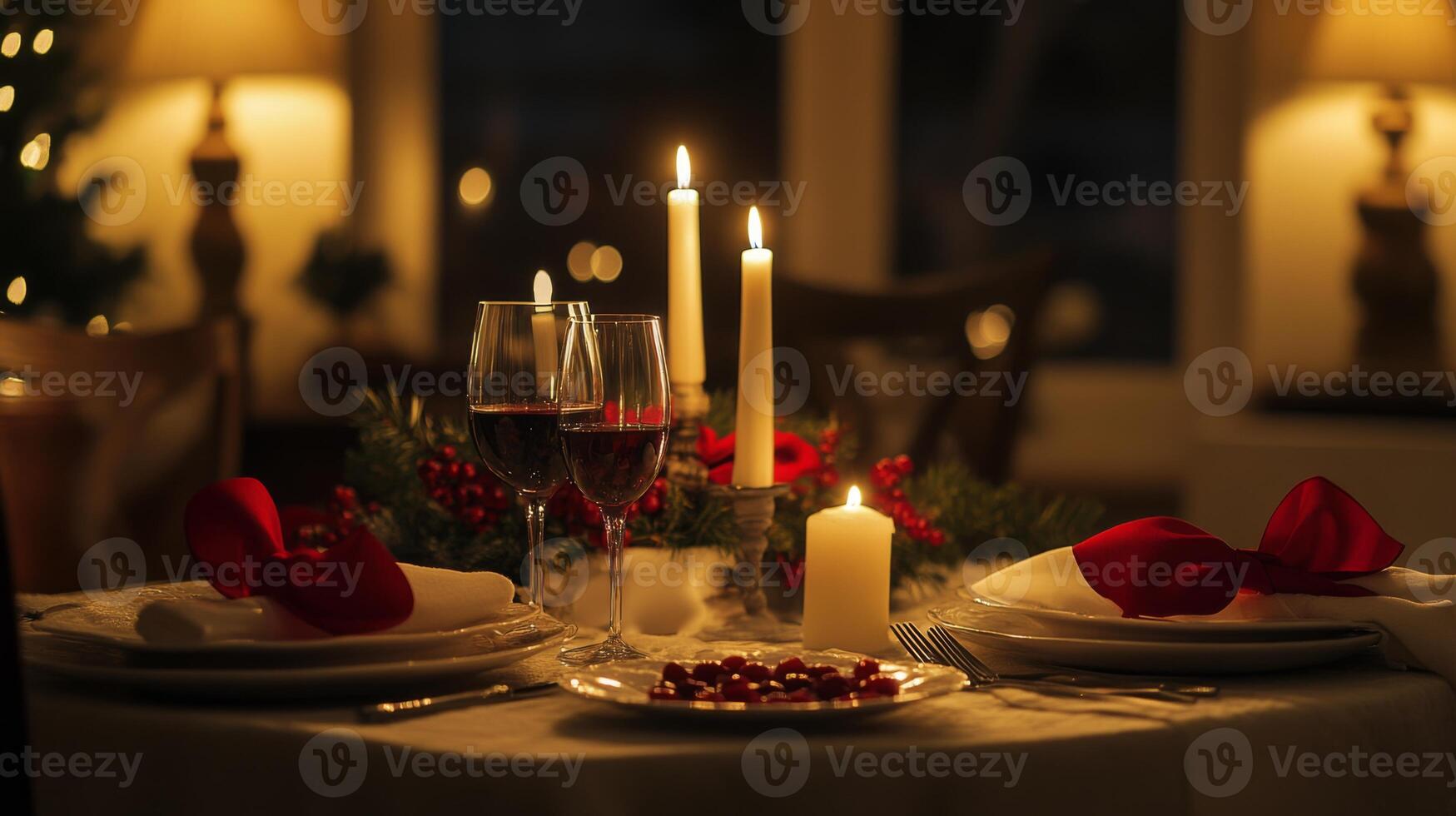 Romantic Candlelit Dinner Table Setting with Wine Glasses and Red Accents photo