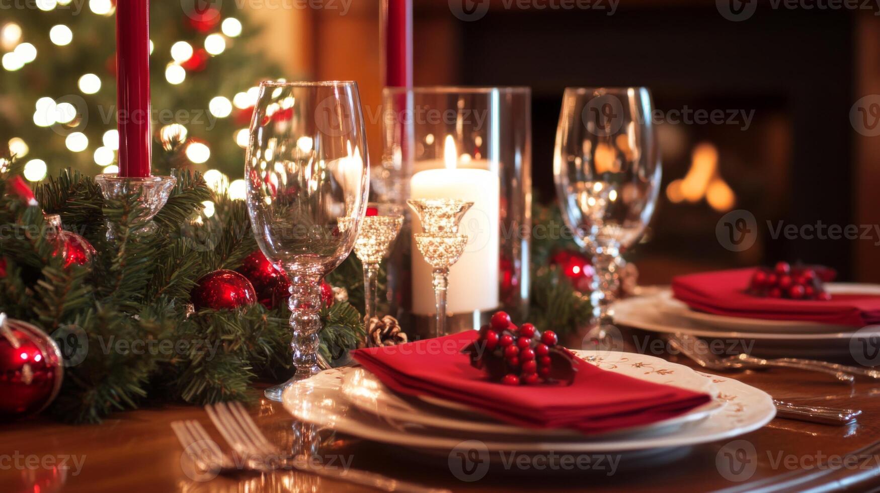 Festive Christmas Table Setting with Red Accents and Candles photo