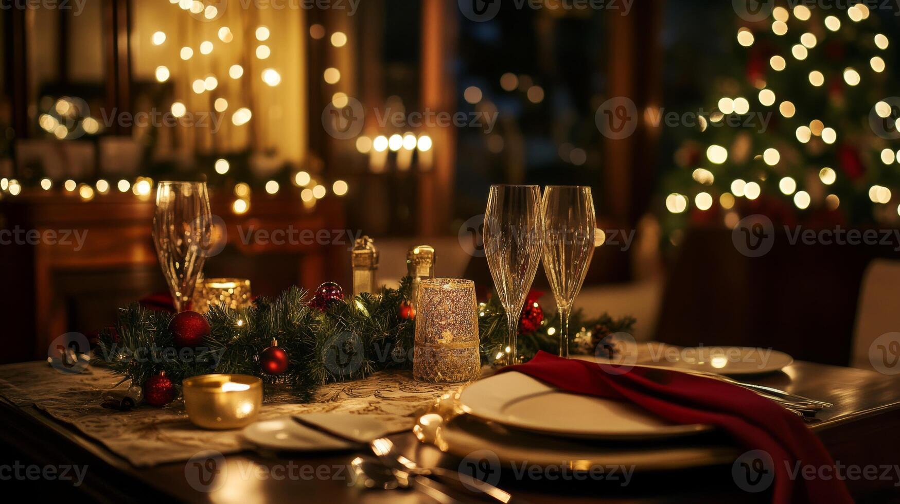 Festive Table Setting with Champagne Flutes and Christmas Ornaments photo