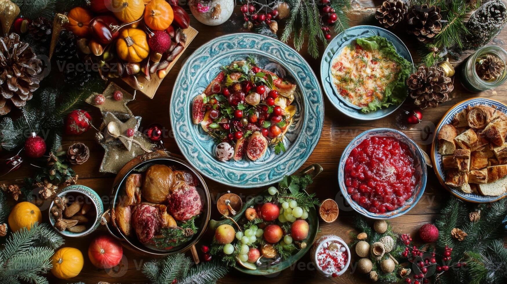 Festive Christmas Table Setting with Various Dishes and Decorations photo