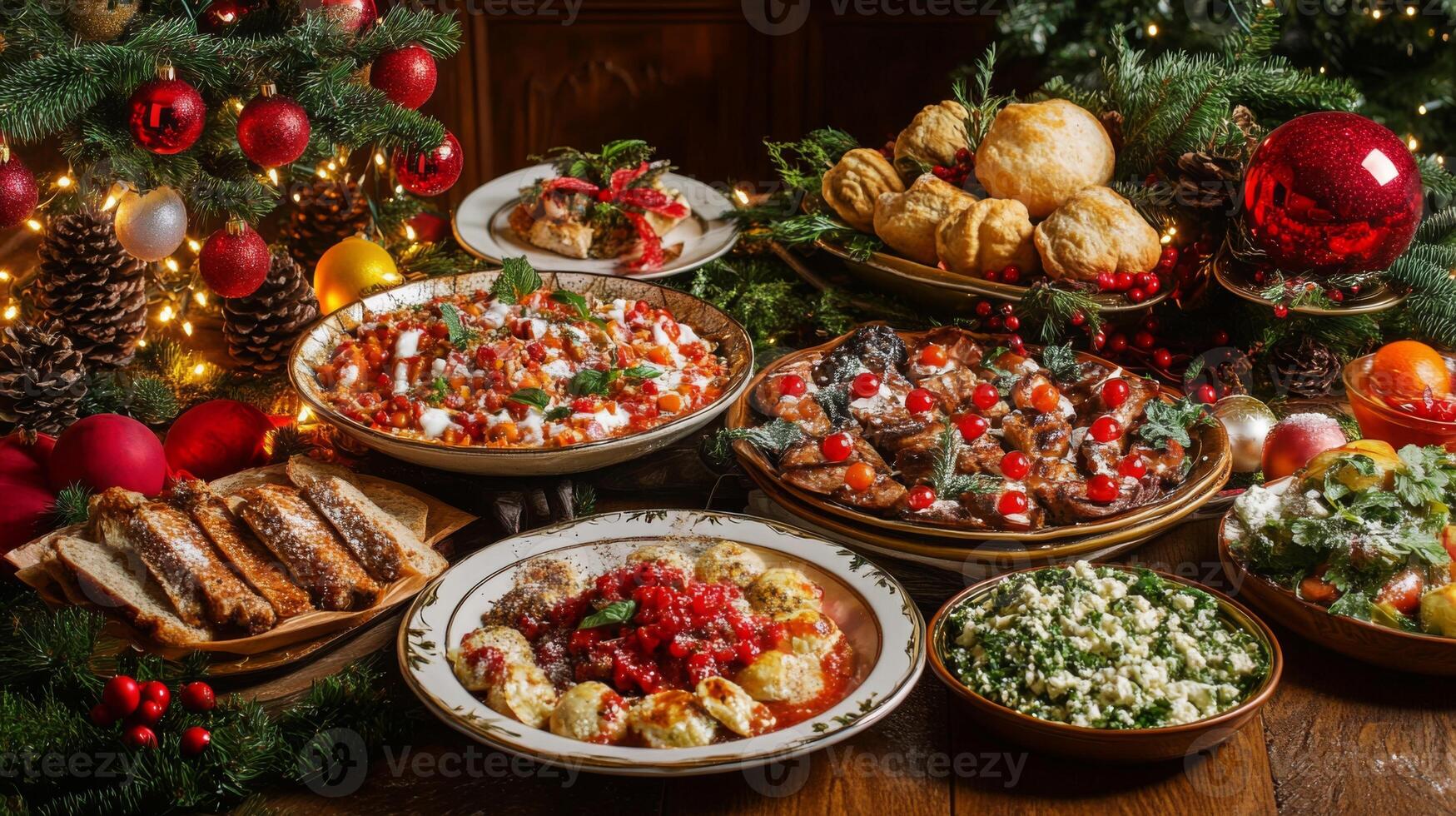 Festive Christmas Table Setting with Multiple Dishes and Decor photo