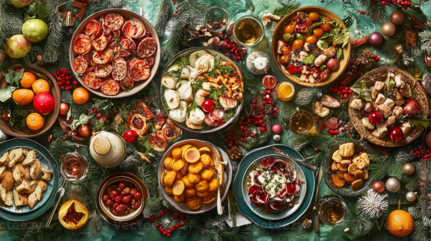 Festive Table Setting with Various Dishes, Drinks, and Christmas Decorations photo