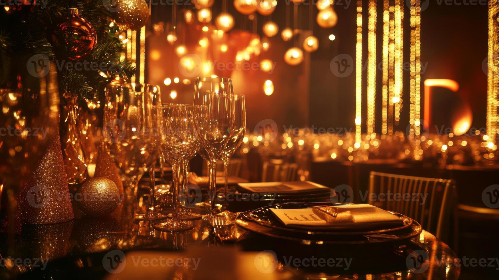 Festive Table Setting with Wine Glasses and Christmas Decorations photo