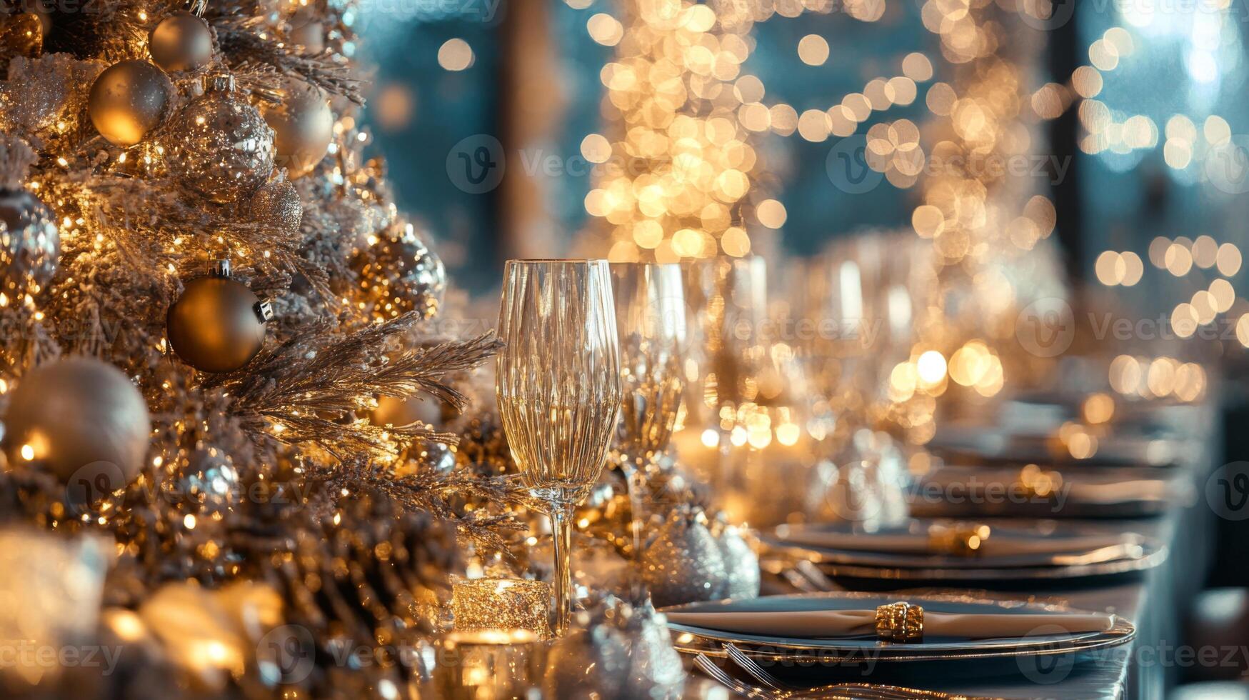 Elegant Christmas Table Setting with Gold Ornaments and Champagne Flutes photo
