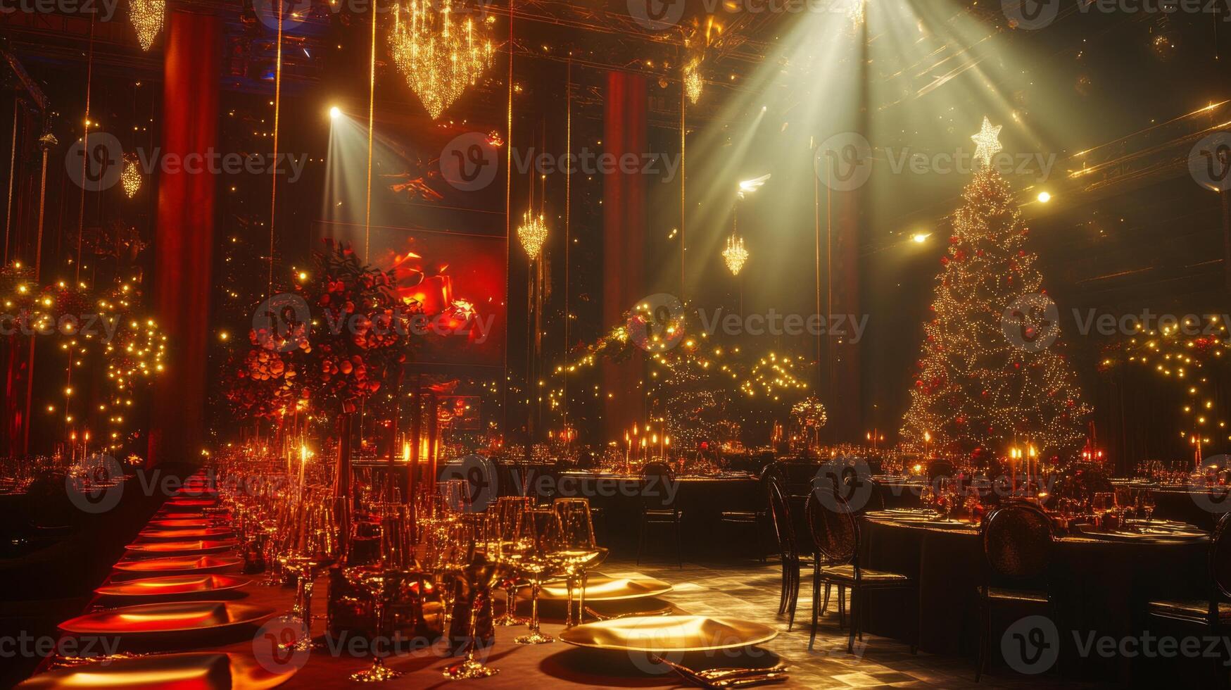 Festive Dinner Setting with Christmas Tree and Chandeliers photo