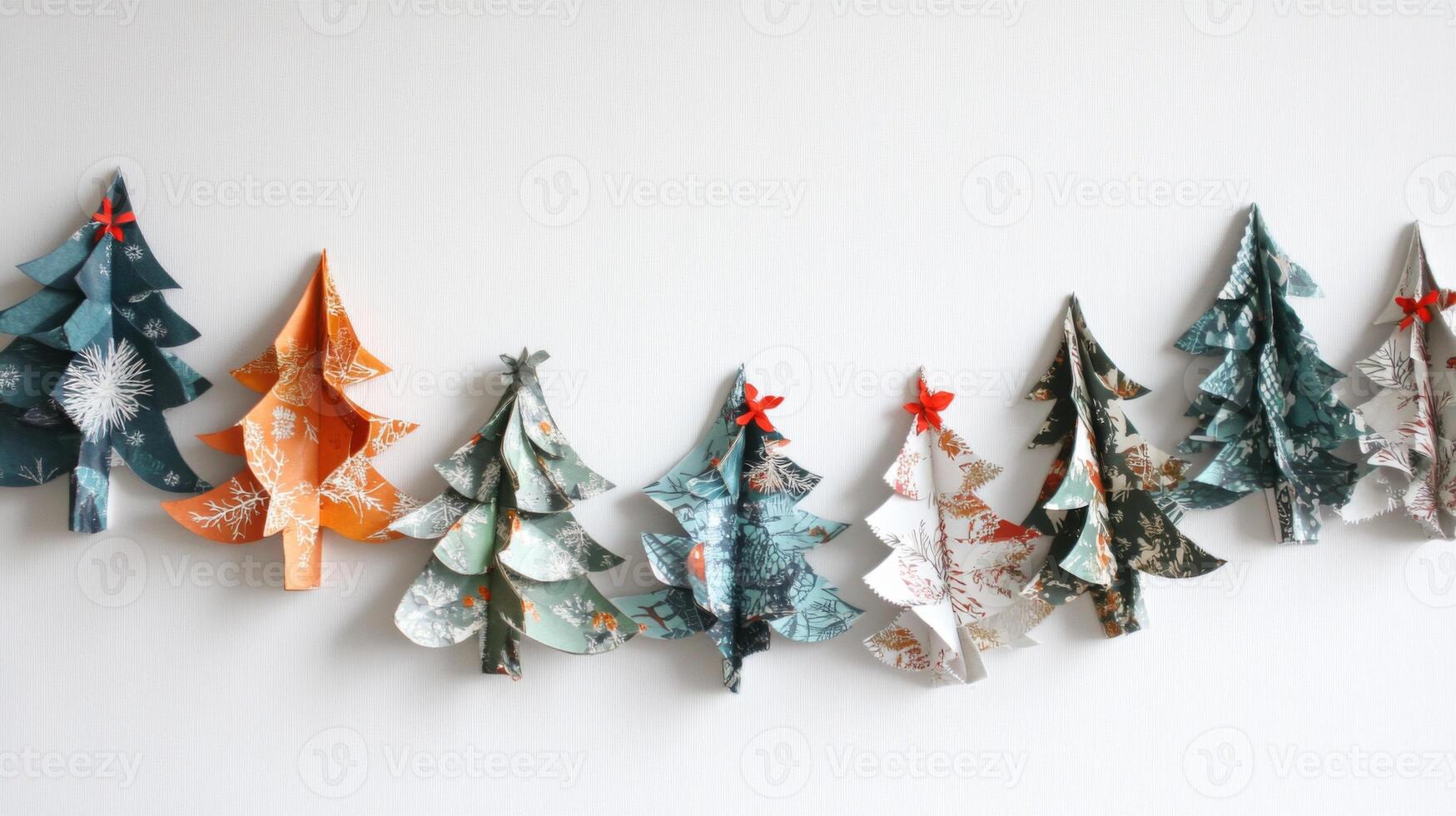 Row of Paper Christmas Trees with Red Bows on White Background photo