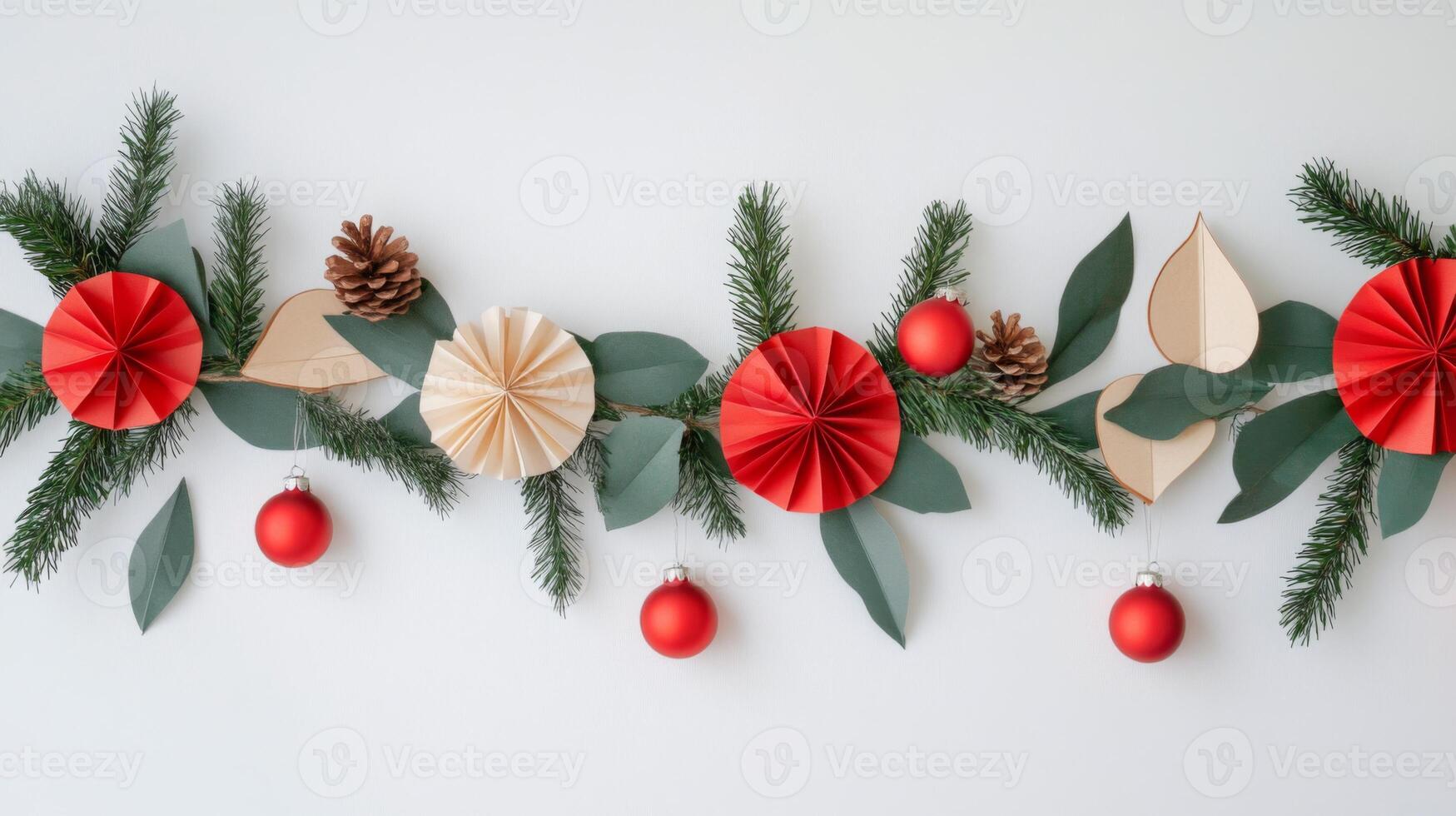 Festive Christmas Garland with Red and Cream Paper Fan Decorations photo
