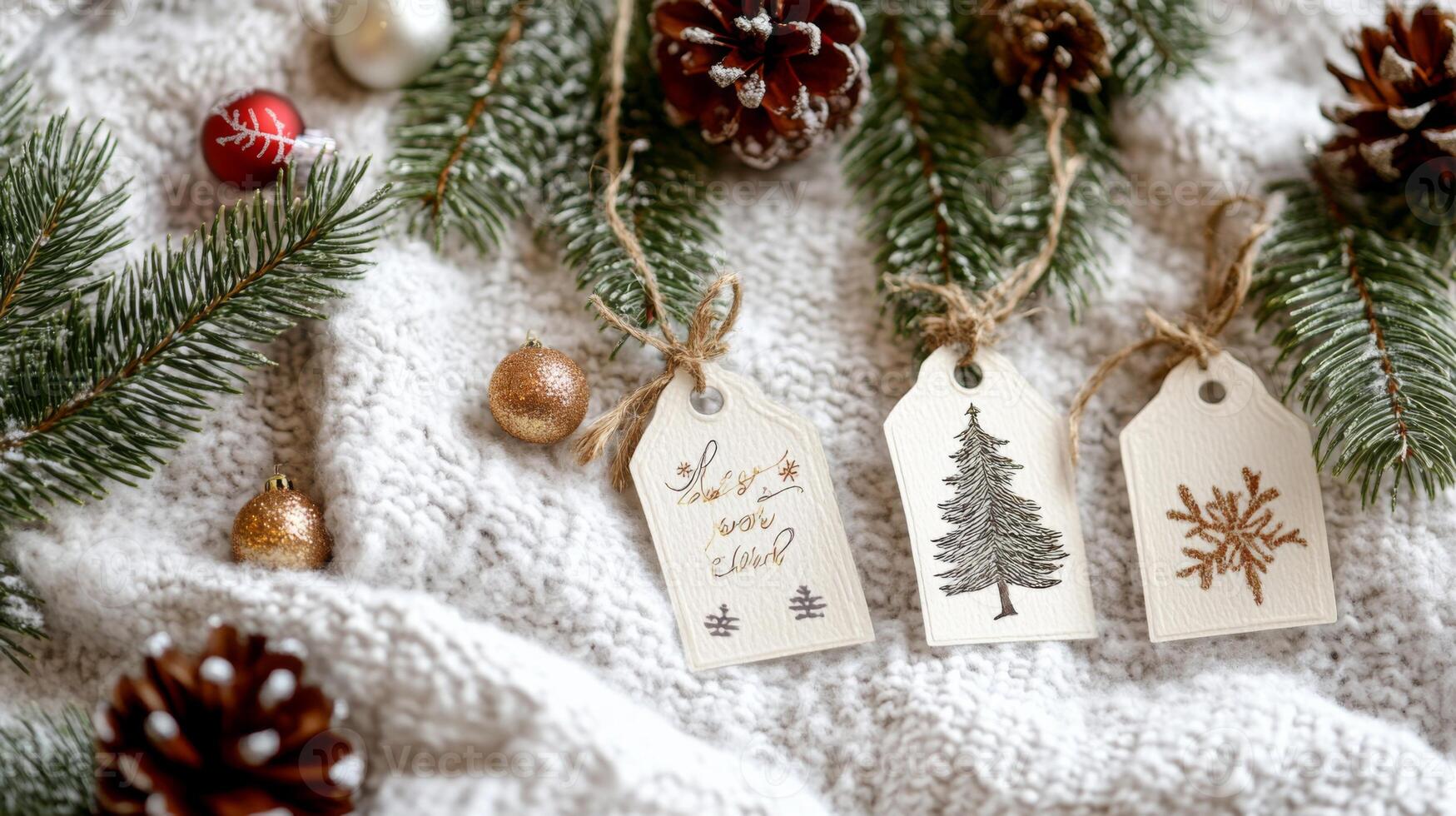 Christmas Ornaments and Tags on a White Knit Blanket photo