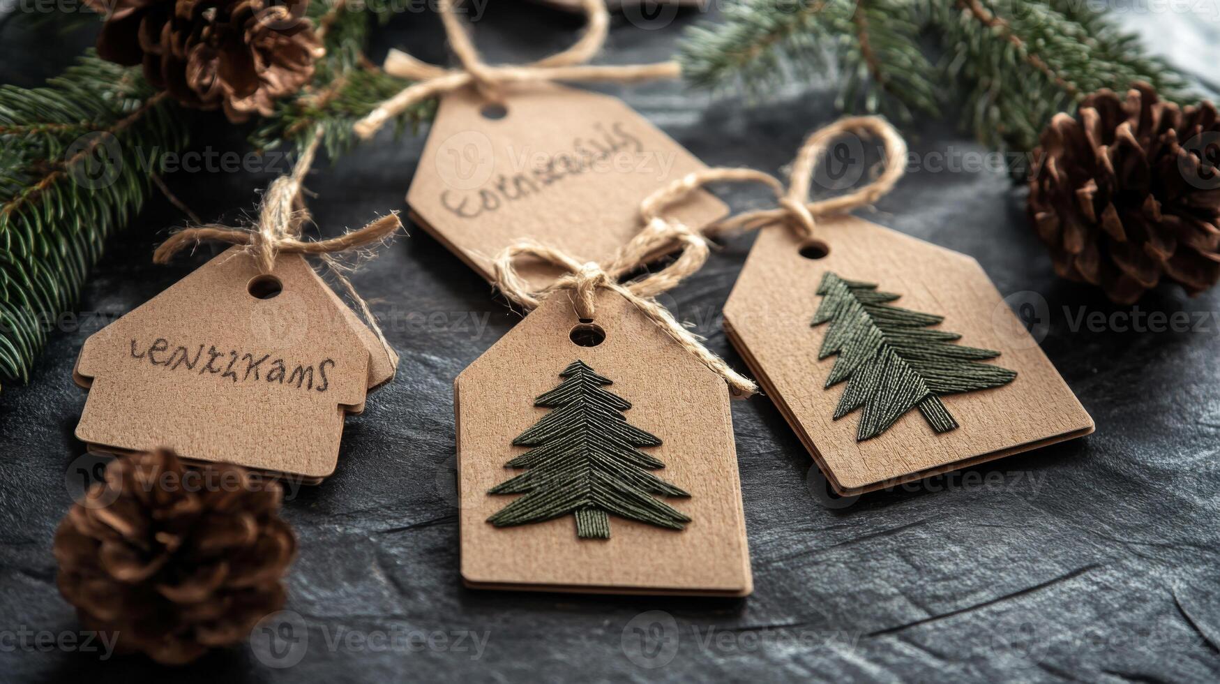 Handmade Wooden Christmas Tree Ornaments with Twine and Pine Cones photo