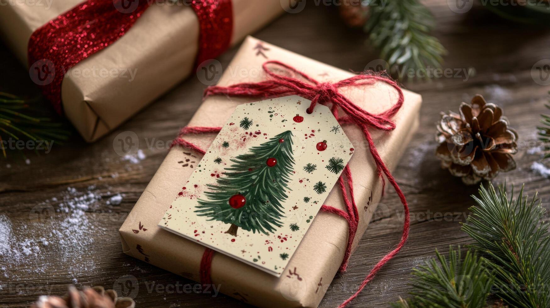 A Christmas gift wrapped in brown paper with a hand-drawn tree tag and red twine photo