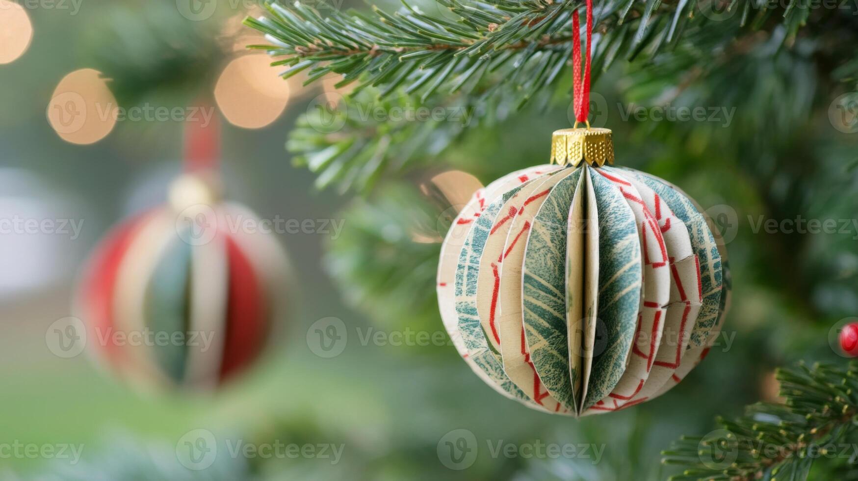 A Vintage Paper Christmas Ornament Hanging on a Pine Tree Branch photo