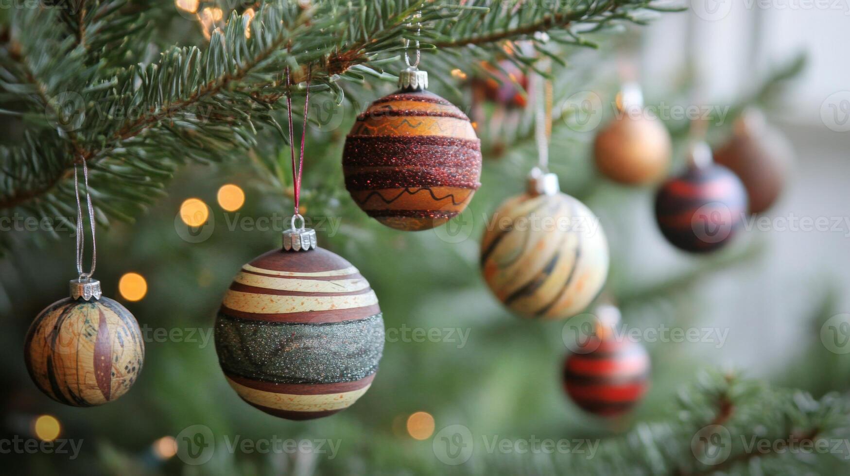 Christmas tree ornaments with various patterns and colors hanging on a branch photo