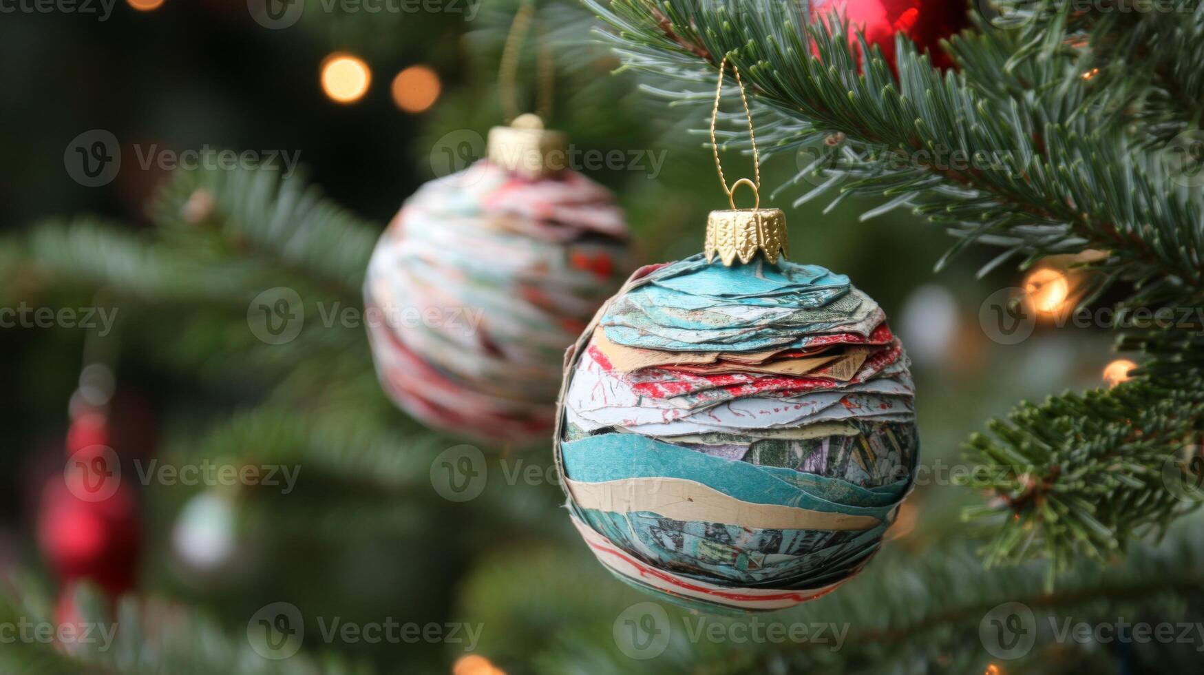 A Colorful Paper Ornament Hanging on a Christmas Tree photo