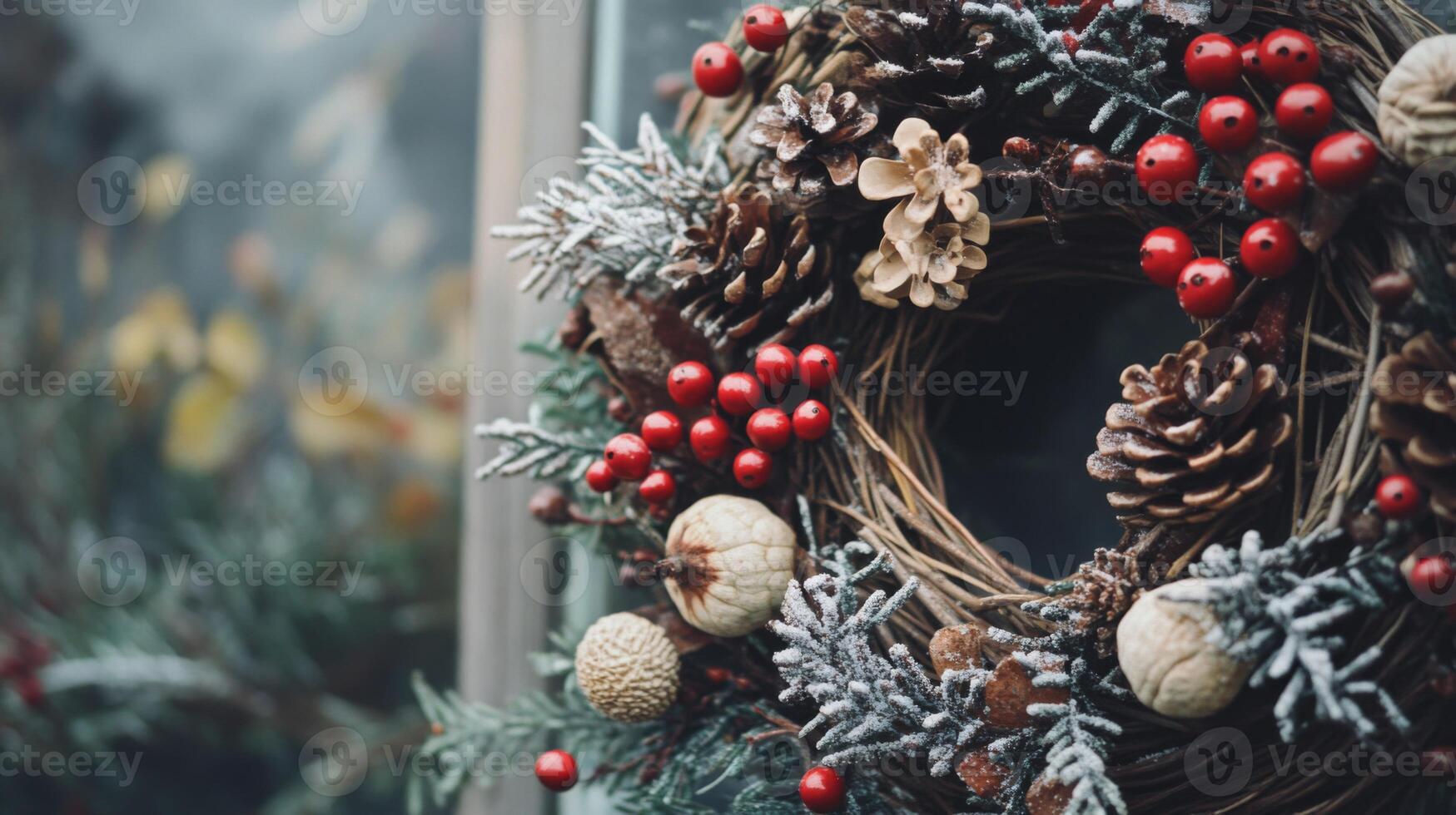 Close-up of a Festive Winter Wreath Decorated with Pine Cones, Berries, and Snow photo