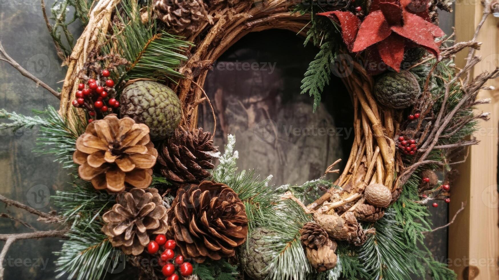 Close-up of a Christmas wreath with pine cones, berries, and greenery photo