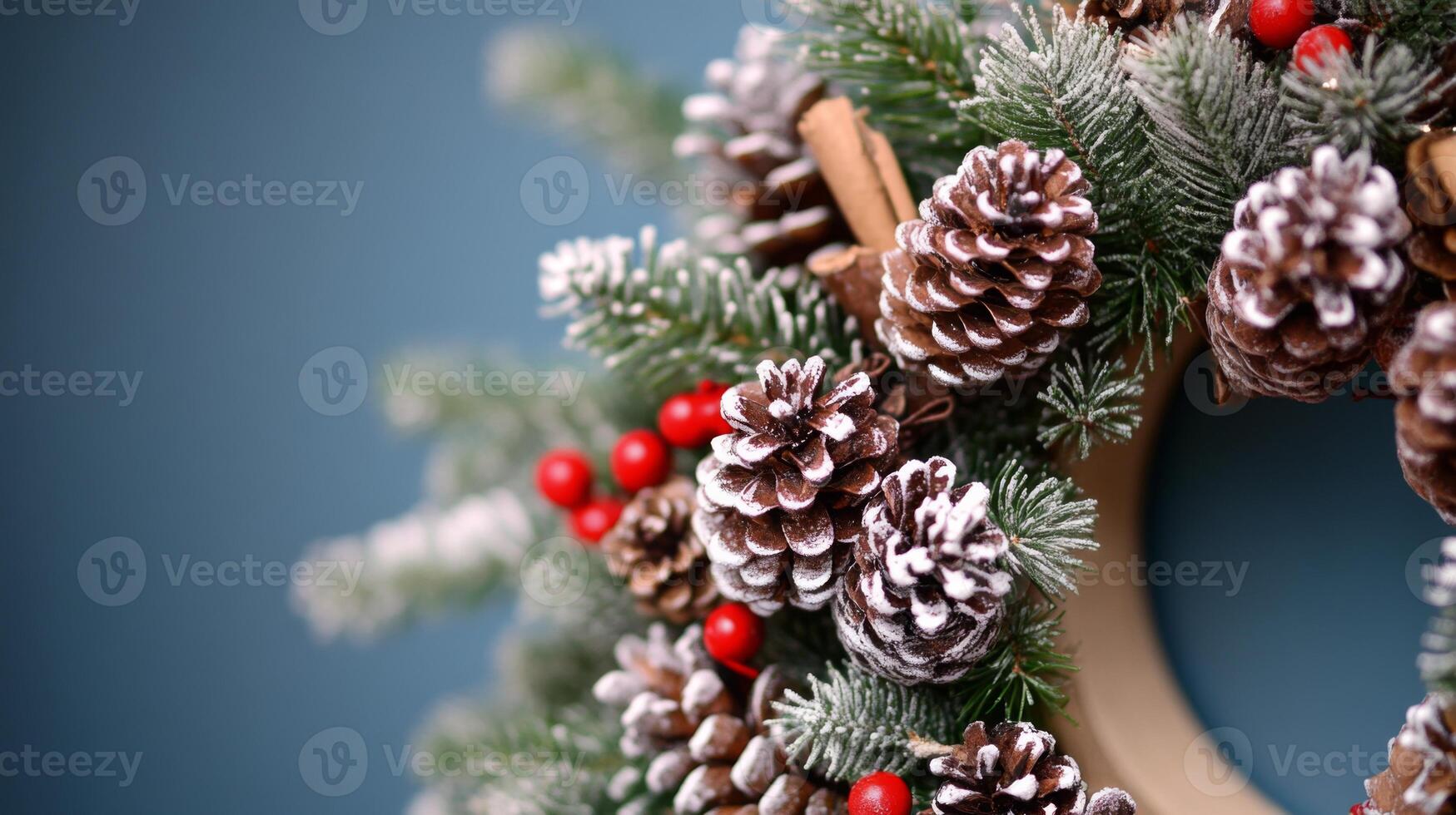 Close-up of a Christmas Wreath with Pine Cones, Berries, and Snow photo