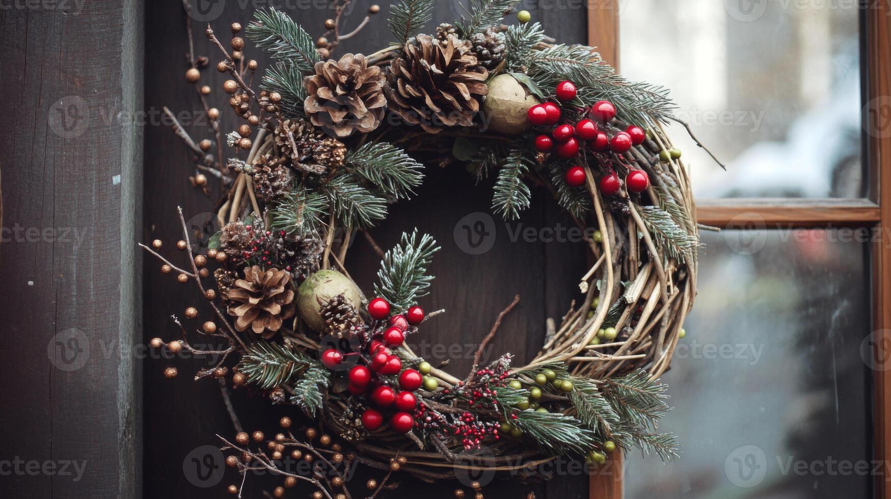 Festive Wreath Decorated with Pine Cones, Berries, and Twigs photo