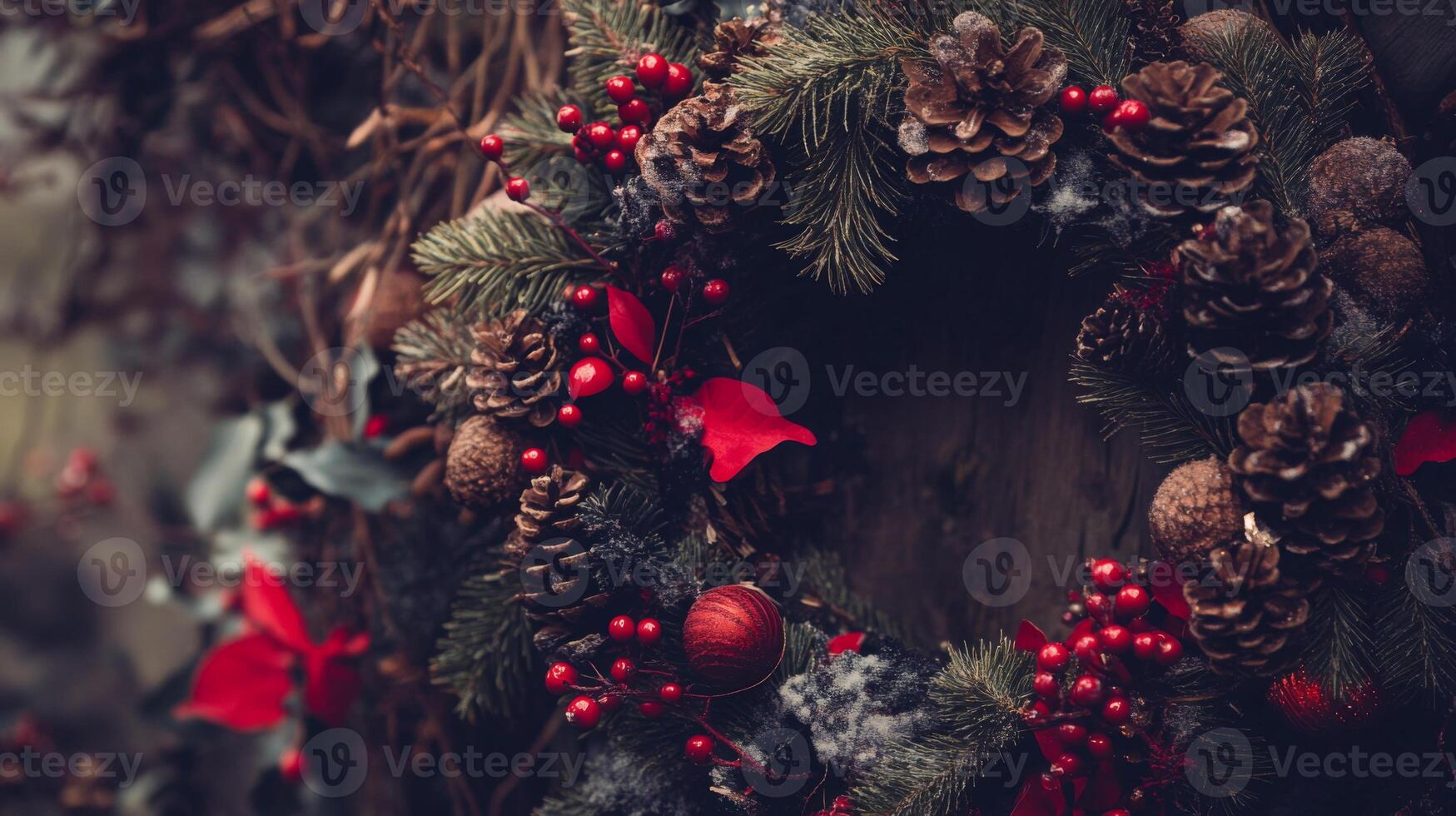 Close-up of a Rustic Christmas Wreath with Pine Cones, Berries, and Red Ornaments photo