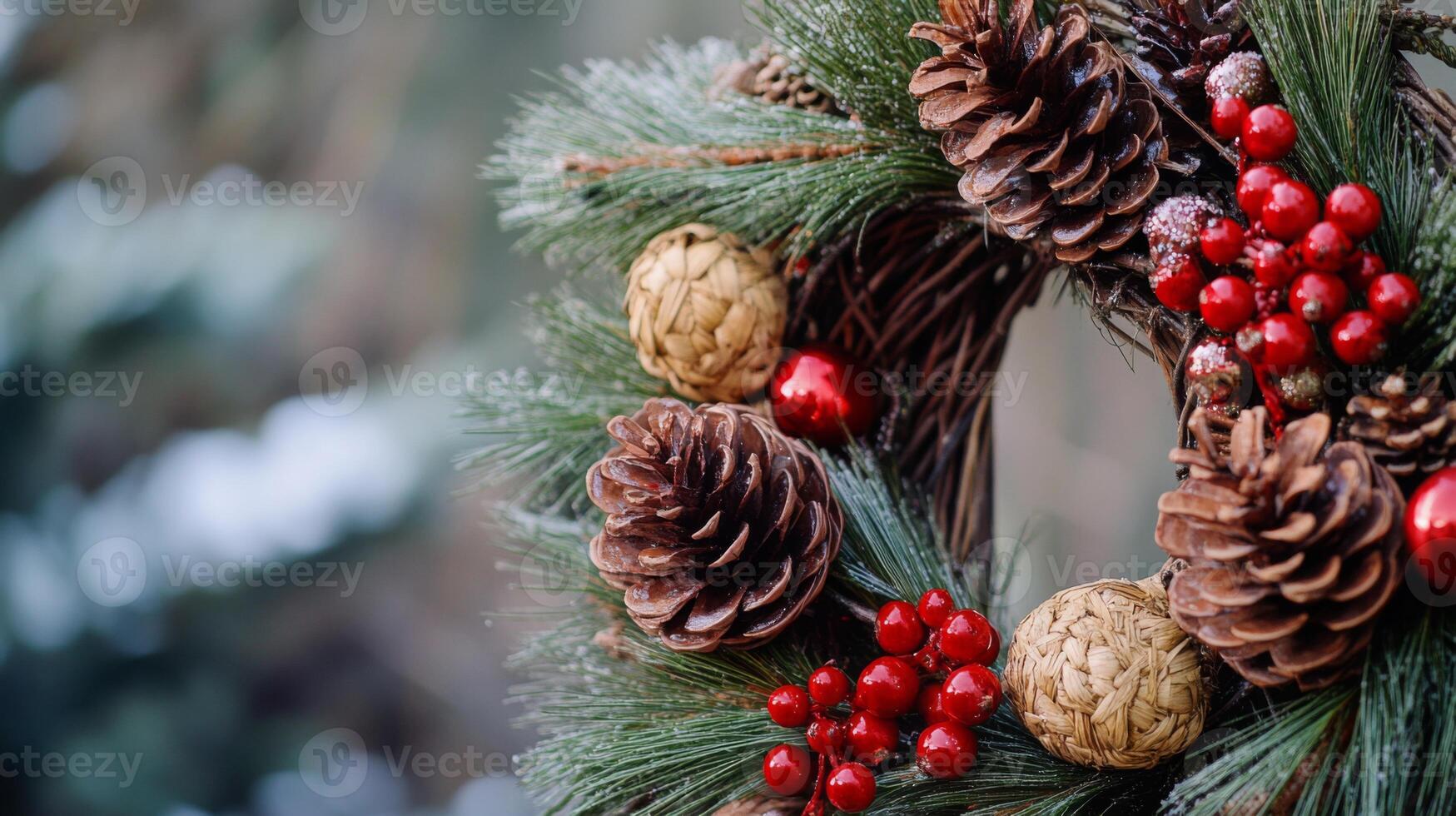 Close-up of a Christmas Wreath with Pine Cones and Red Berries photo