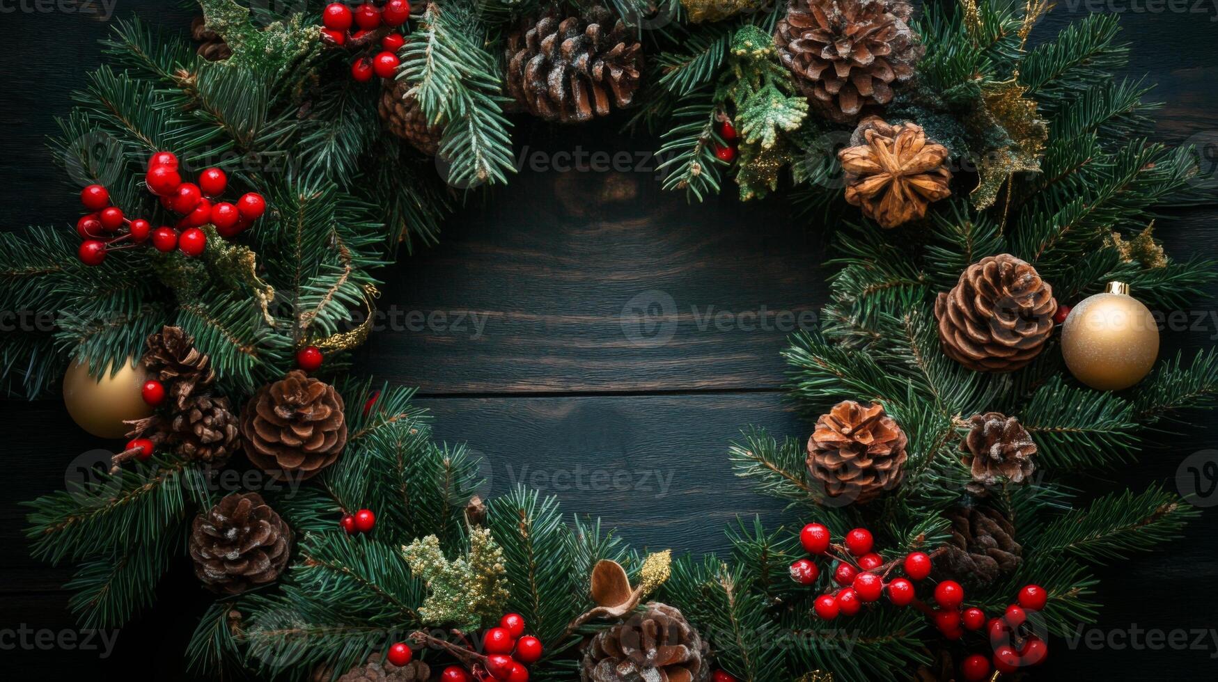 Festive Christmas Wreath with Pine Cones and Berries on a Dark Wooden Background photo